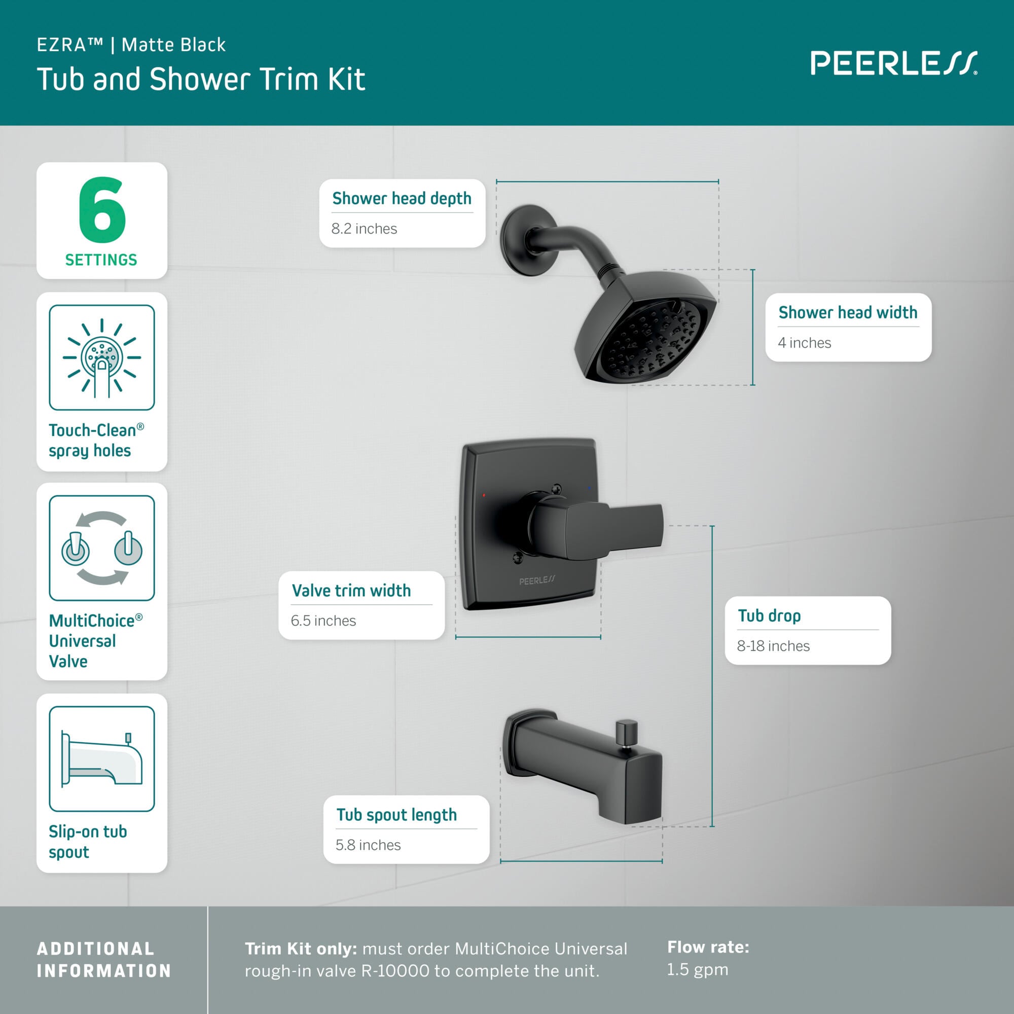 Mezcladora de bañera y regadera Peerless Ezra en negro mate con 1 manija y funciones múltiples de 4 pulgadas.