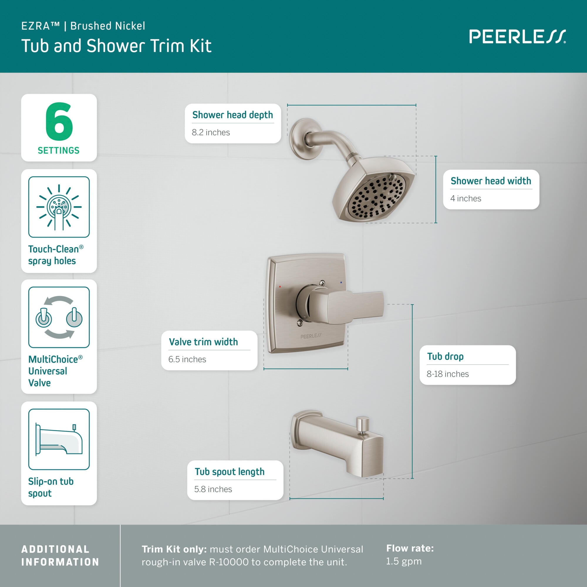 Grifería para bañera y ducha Peerless Ezra de 1 asa en níquel cepillado, multifunción de 4 pulgadas cuadradas