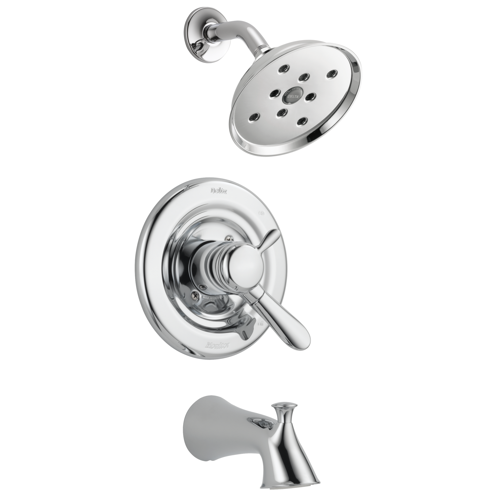 Grifo para bañera y ducha redonda de 2 manijas en cromo Delta Lahara de función singular de 6.4 pulgadas T17438-H2O