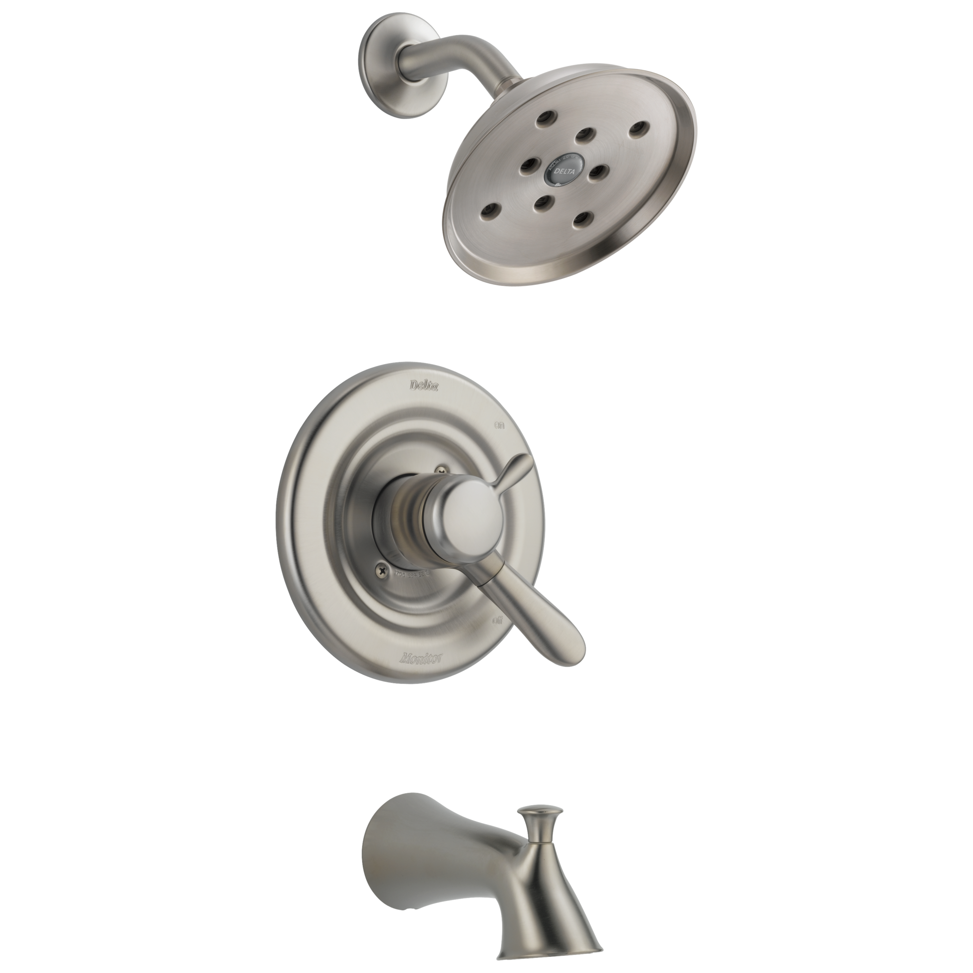 Llave Mezcladora de Baño y Regadera de Bañera Redonda de Acero Inoxidable Delta Lahara de 1 Manija y Función Única 6.4 Pulgadas T17438-SSH2O