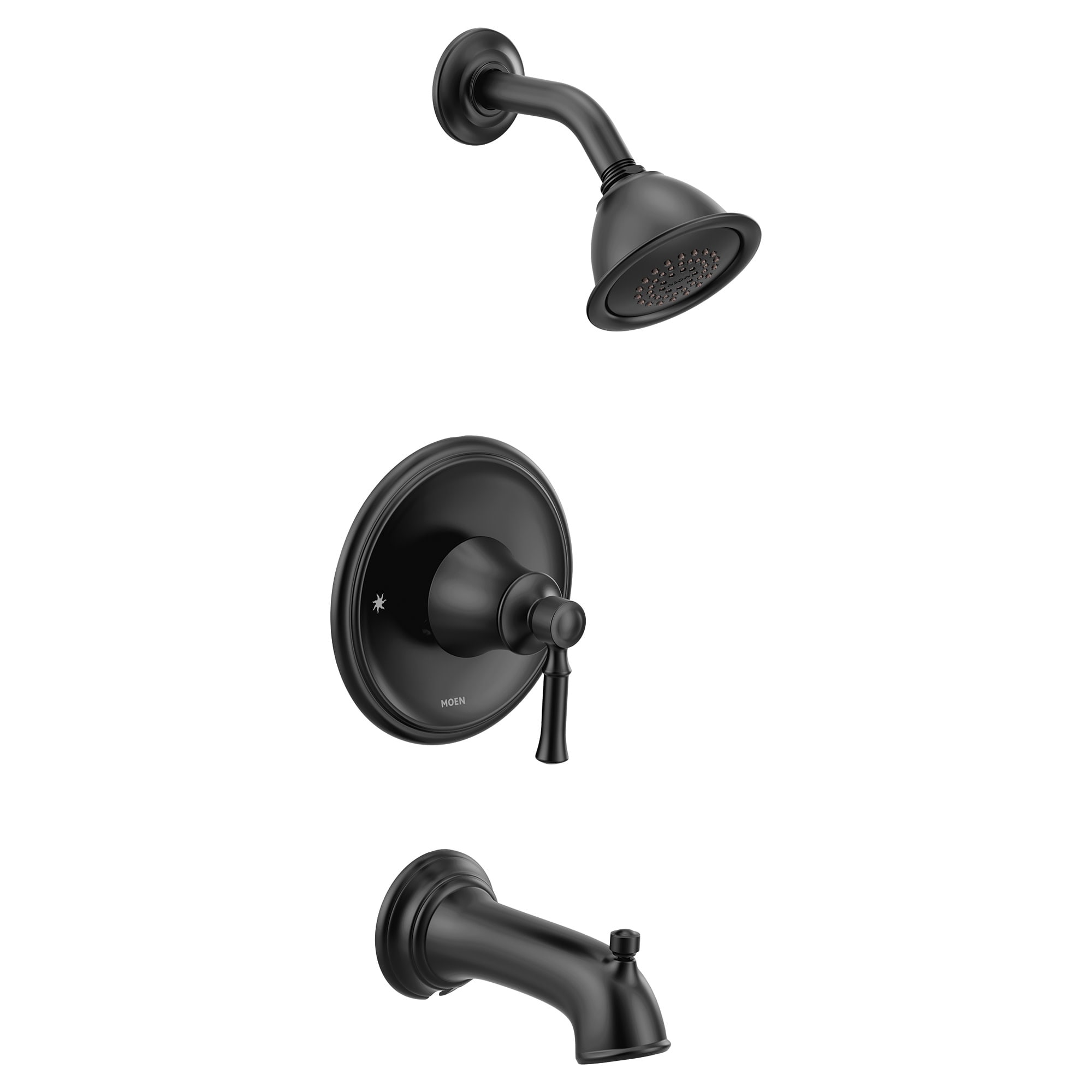 Grifo de bañera y regadera de 4 pulgadas de color negro mate de Moen, con 1 manija y función única (Válvula no incluida) T2183BL