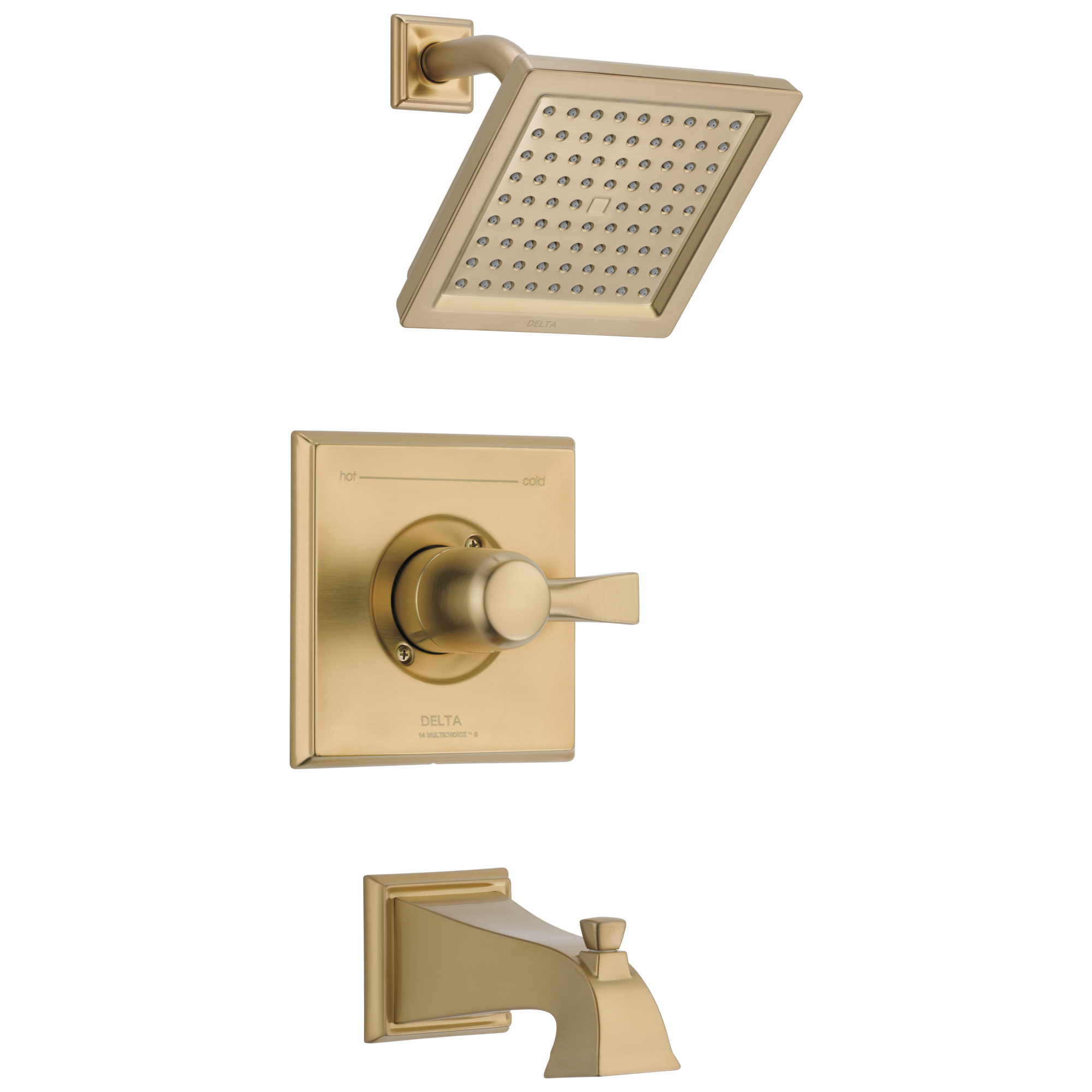 Grifo de bañera y ducha cuadrado de 6.5625 pulgadas con un mango en bronce champagne Delta Dryden T14451-CZ.