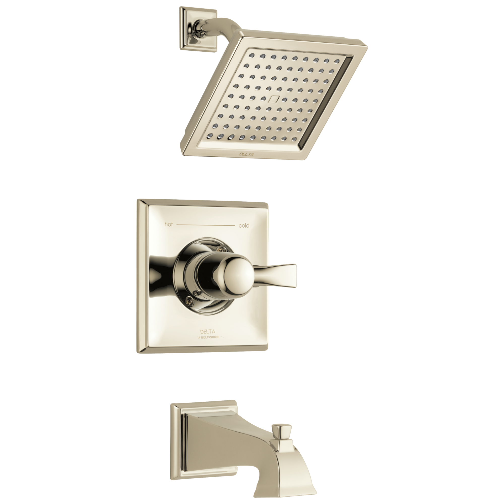 Grifo de bañera y ducha cuadrado de 6.5625 pulgadas de una sola función, acabado niquelado pulido Delta Dryden T14451-PN