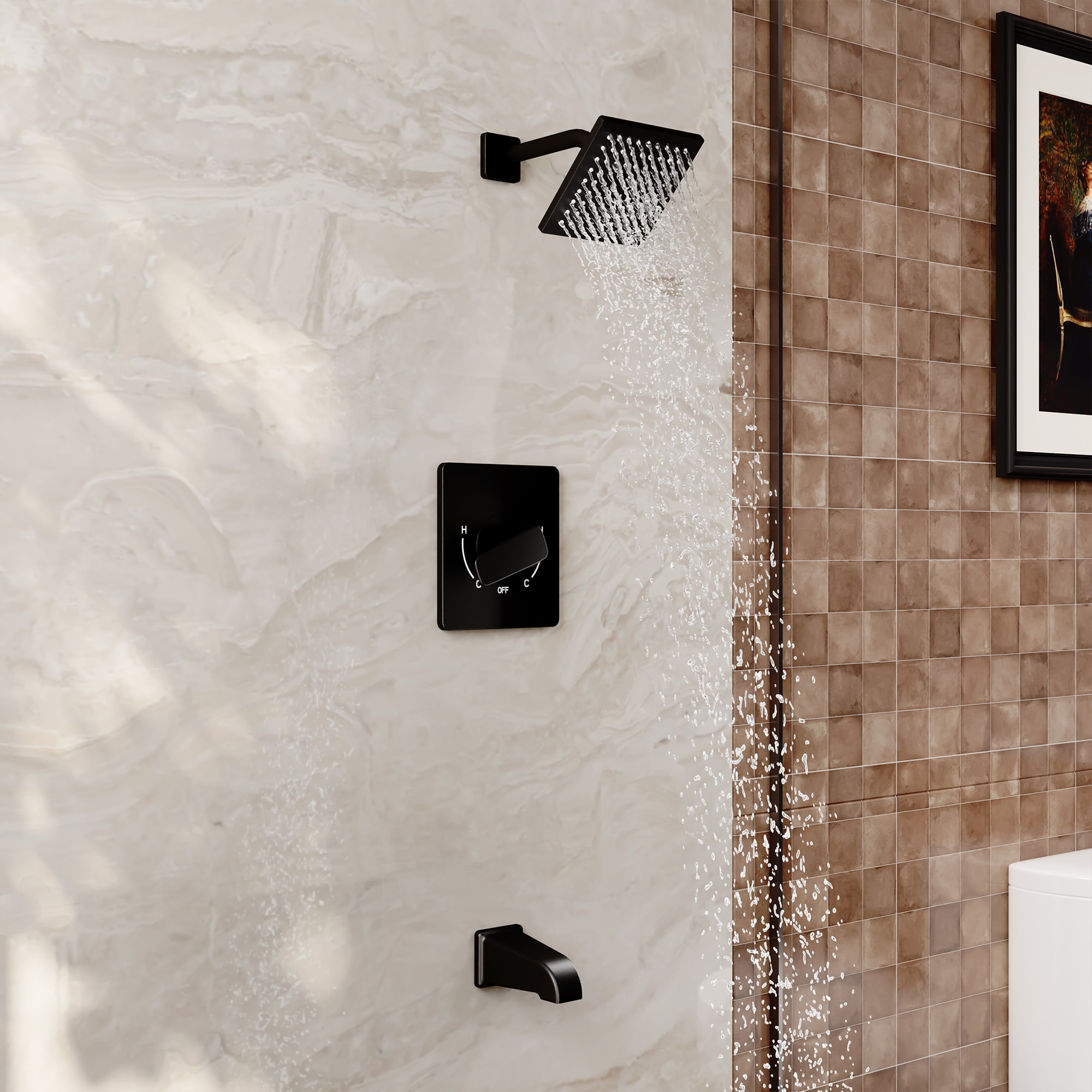 Grifo para bañera y ducha de 6 pulgadas cuadrado, acabado mate negro, de una sola manija y función con válvula