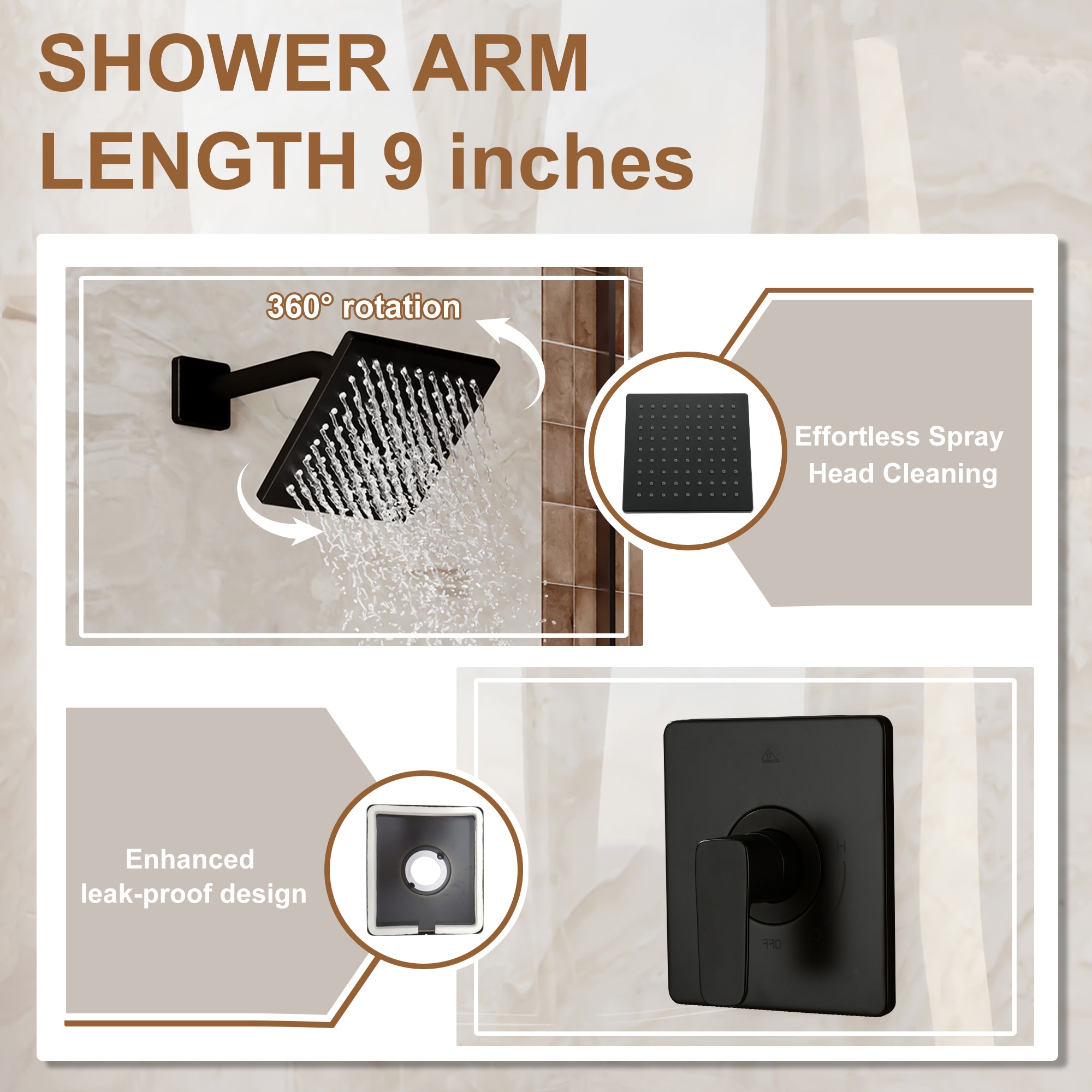 Grifo para bañera y ducha de 6 pulgadas cuadrado, acabado mate negro, de una sola manija y función con válvula