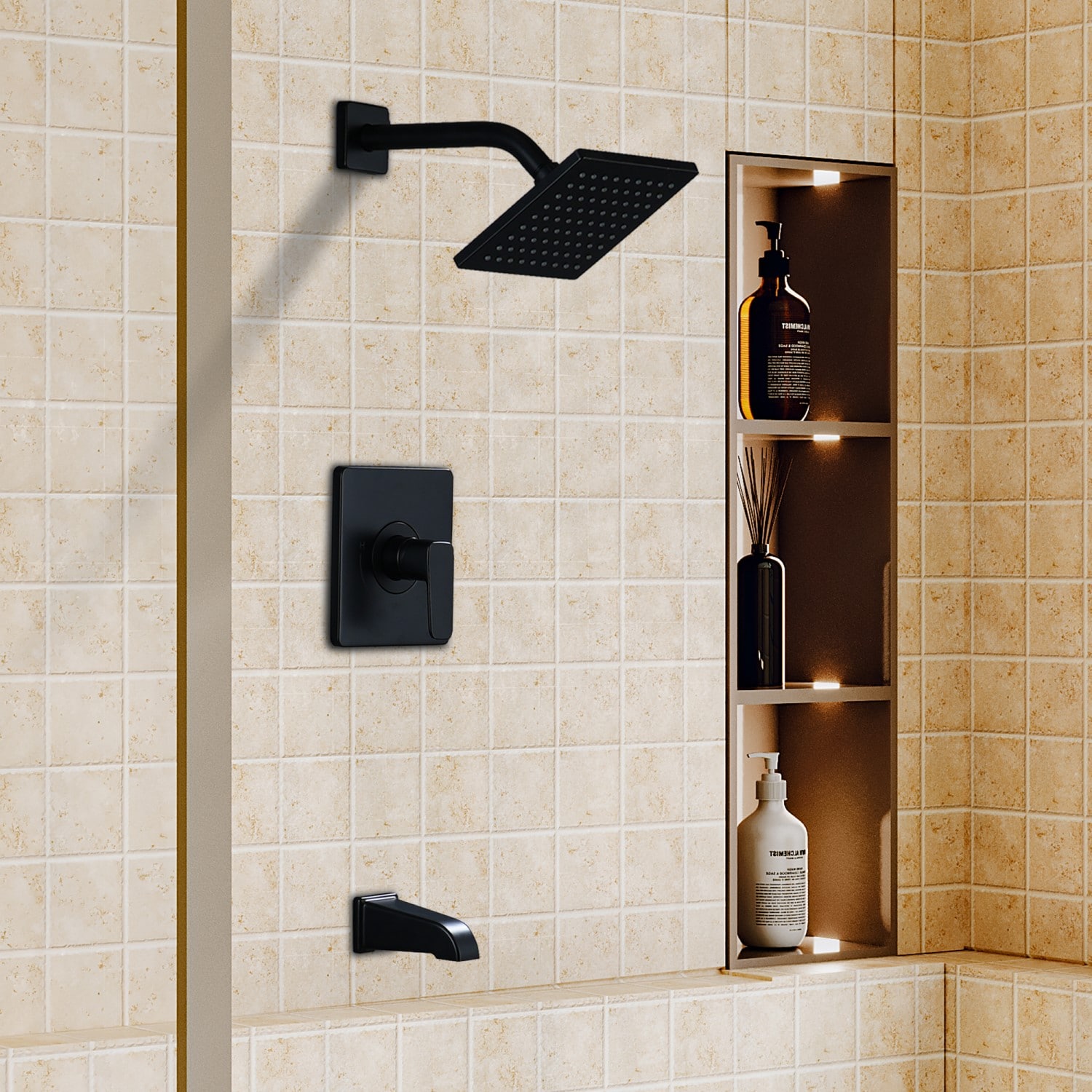 Grifo para bañera y ducha de 6 pulgadas cuadrado, acabado mate negro, de una sola manija y función con válvula