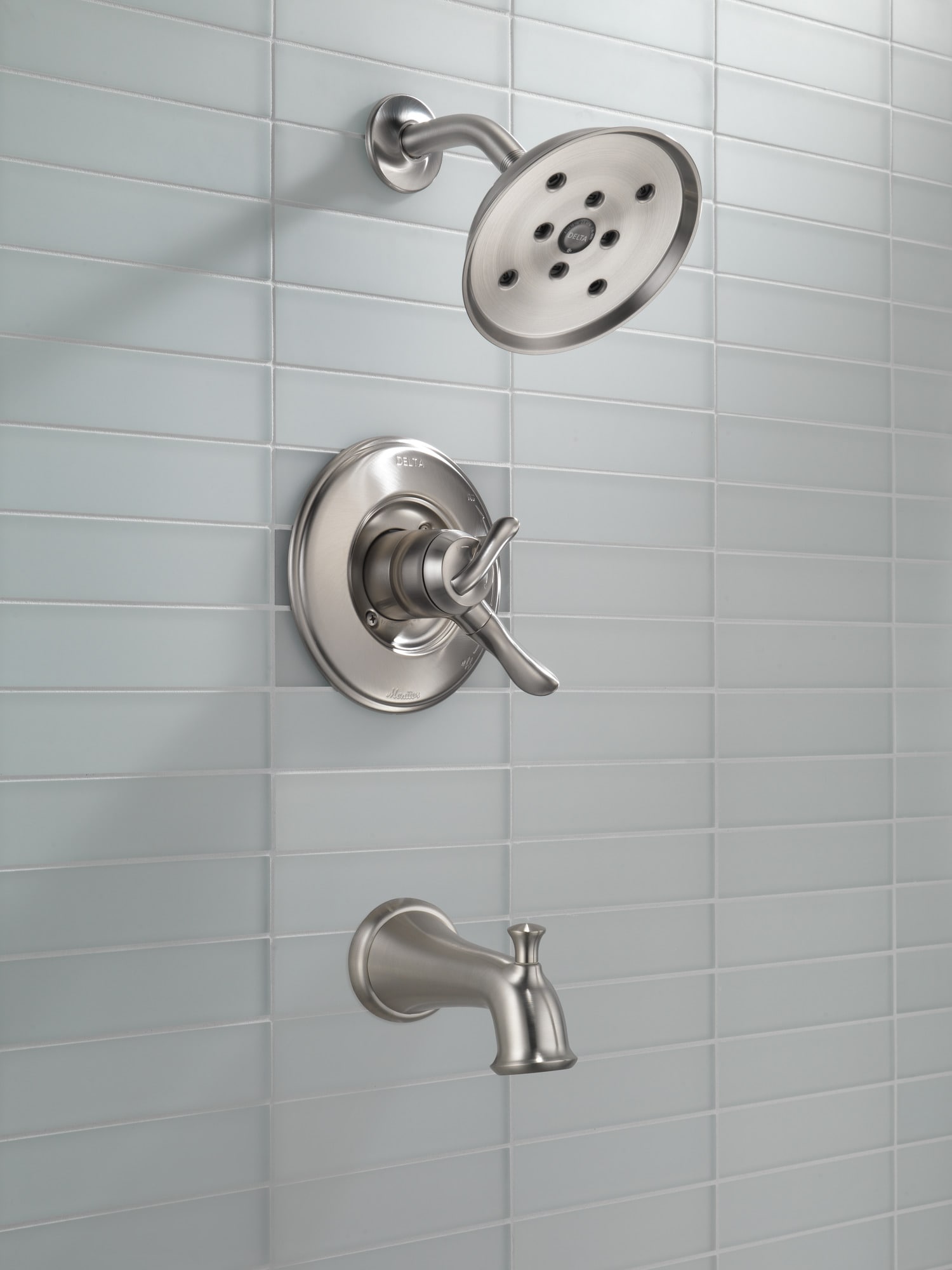 Grifo de bañera y ducha redondo de acero inoxidable Delta Linden de 1 manija y función única de 6.0 pulgadas T17494-SS
