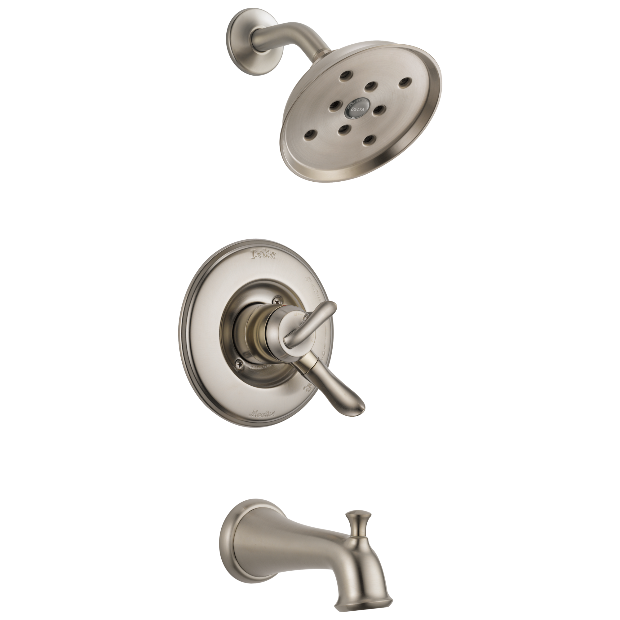 Grifo de bañera y ducha redondo de acero inoxidable Delta Linden de 1 manija y función única de 6.0 pulgadas T17494-SS