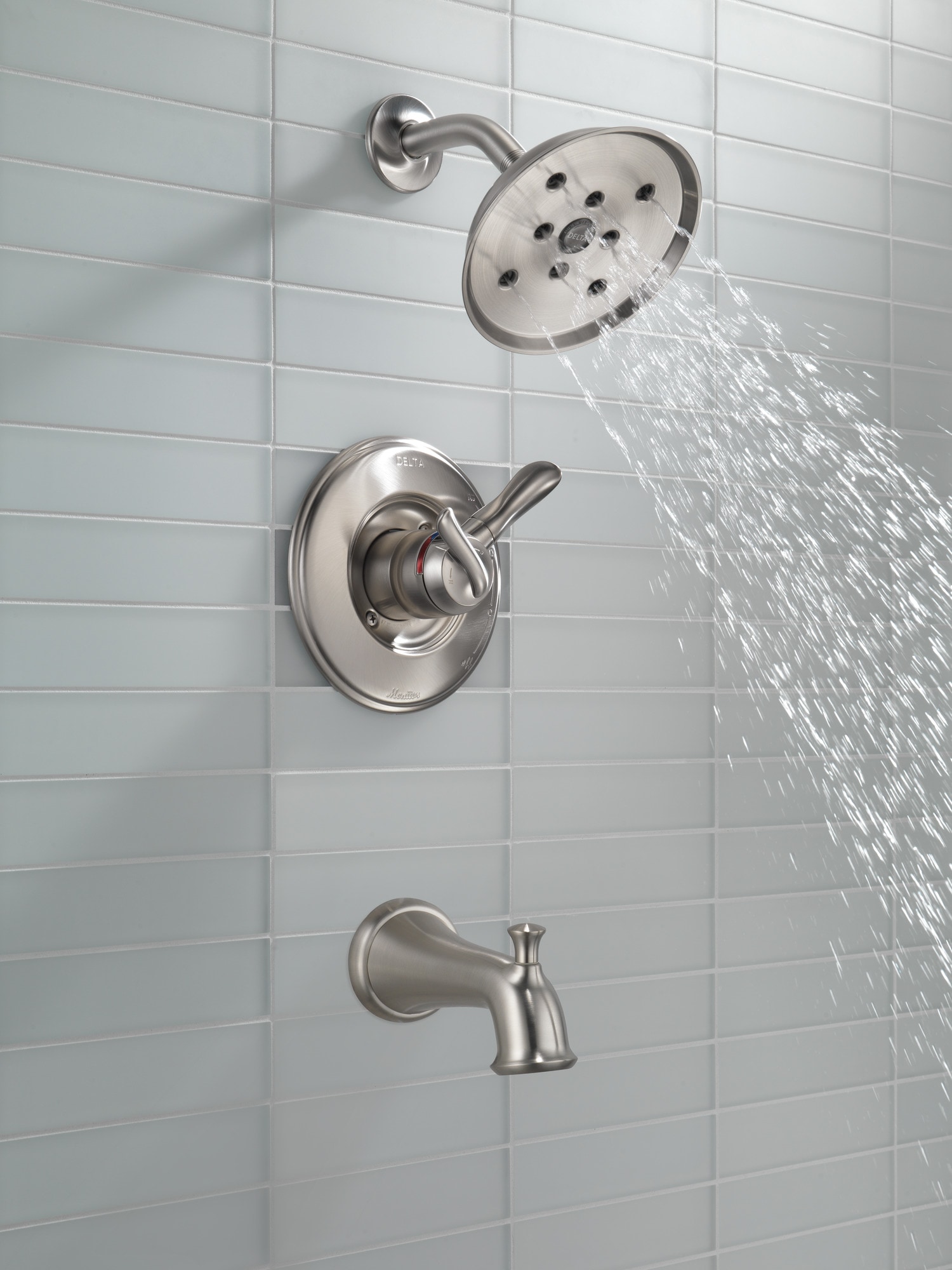 Grifo de bañera y ducha redondo de acero inoxidable Delta Linden de 1 manija y función única de 6.0 pulgadas T17494-SS