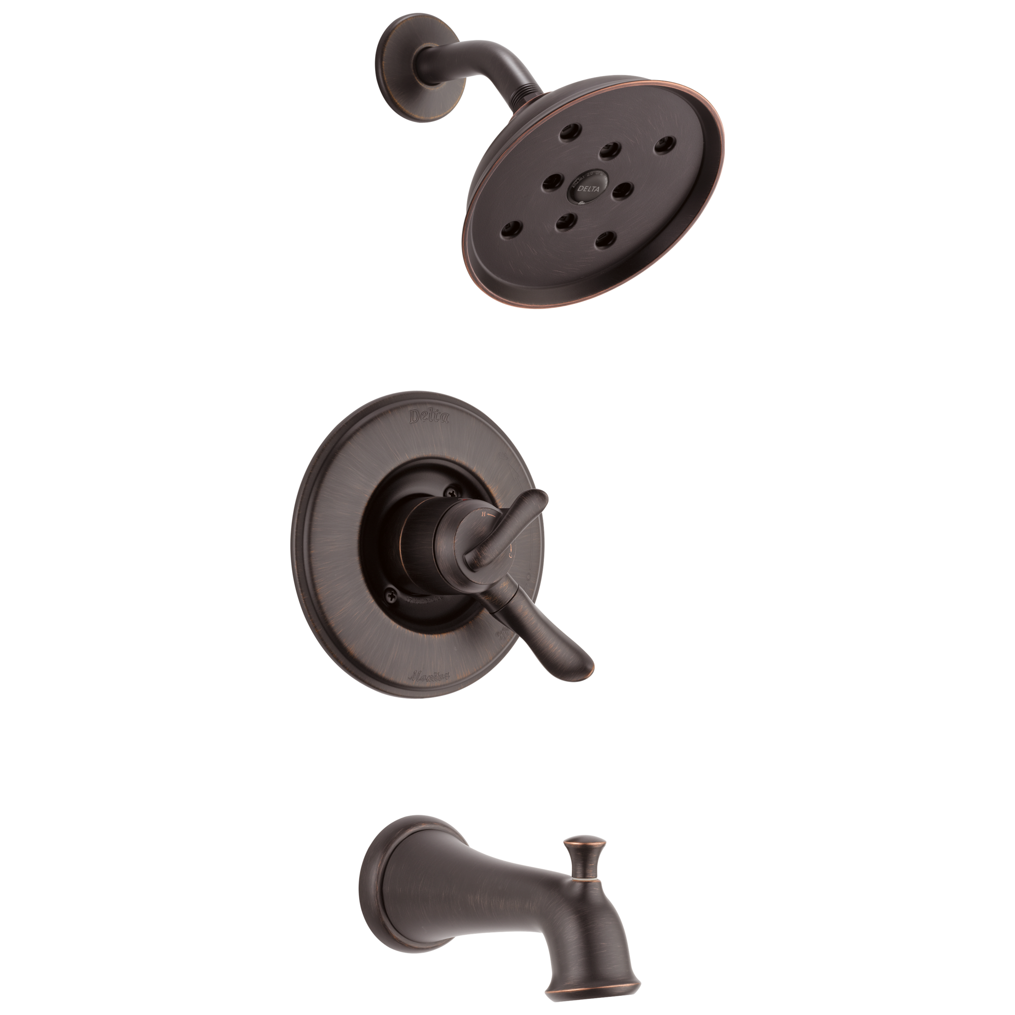 Grifo de bañera y ducha redondo de 6.0 pulgadas con 2 manijas en bronce veneciano de la colección Linden de Delta T17494-RB.