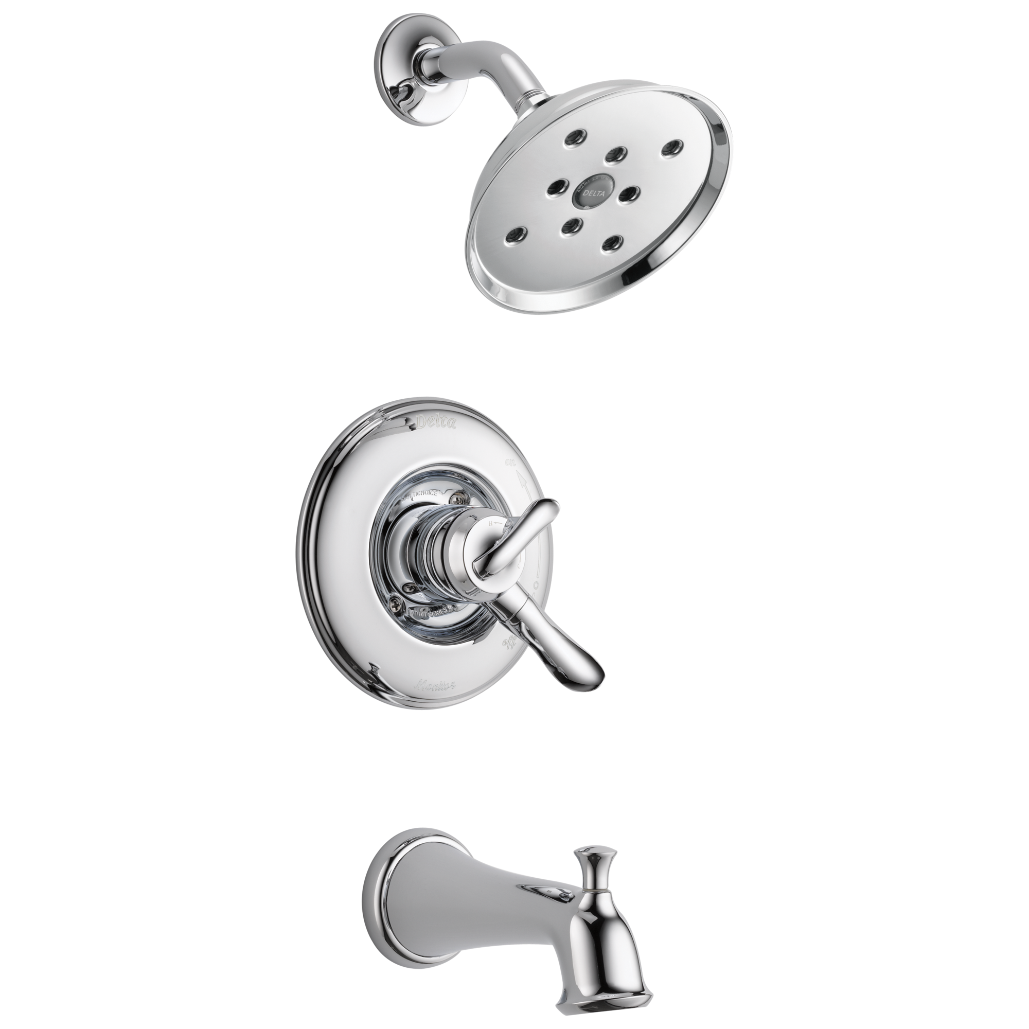 Grifo para bañera y regadera redonda de 6.0000 pulgadas con 2 manijas, función única, en cromo Delta Linden T17494