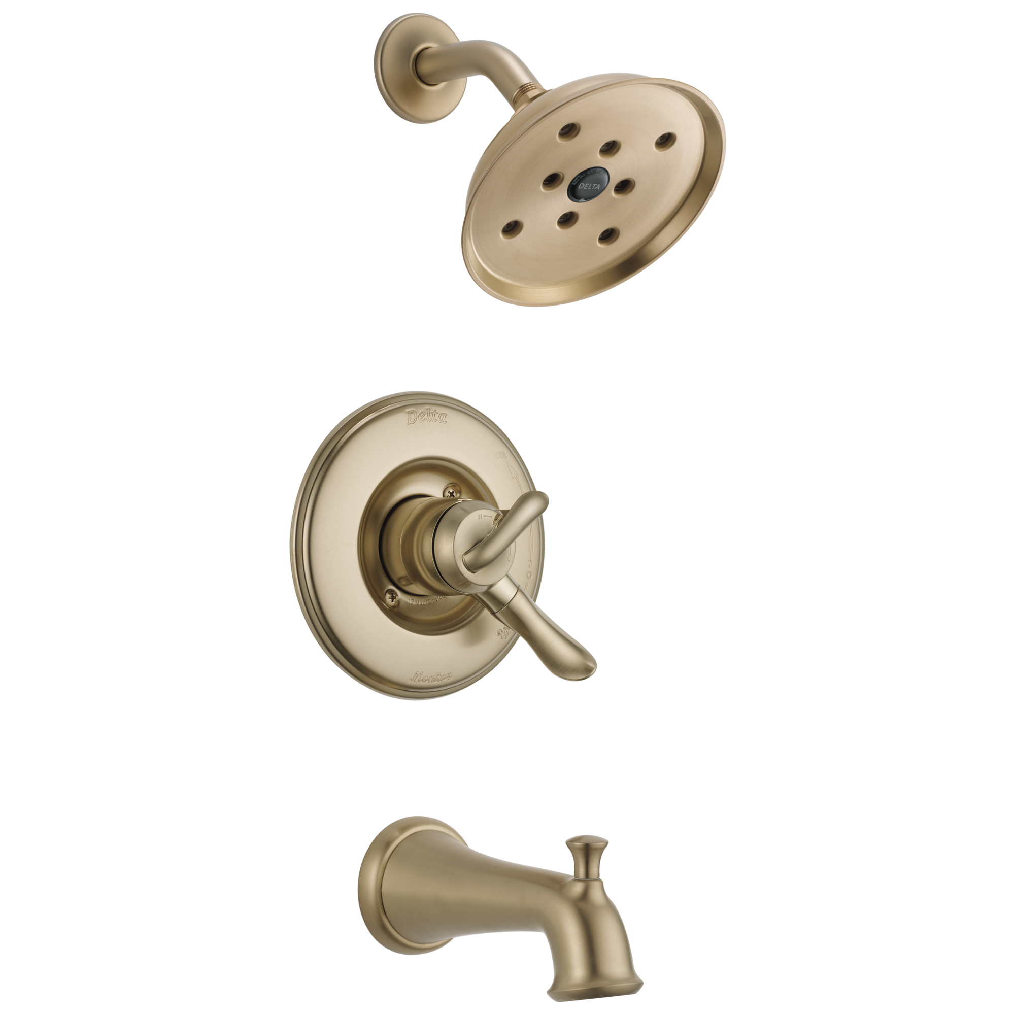 Grifo para bañera y ducha de ronda de 6.1250 pulgadas de función única con dos manijas en bronce champagne Delta Linden T17494-CZ.