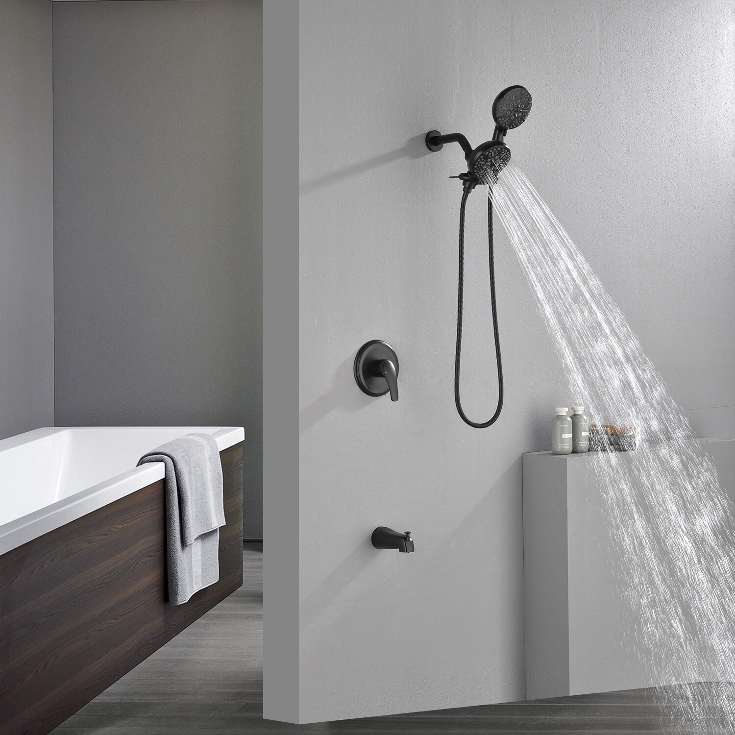 Grifo de Bañera y Ducha de Mano de 1 Mango en Negro Mate de 4.72 Pulgadas de WELLFOR con Válvula WA15016NS01
