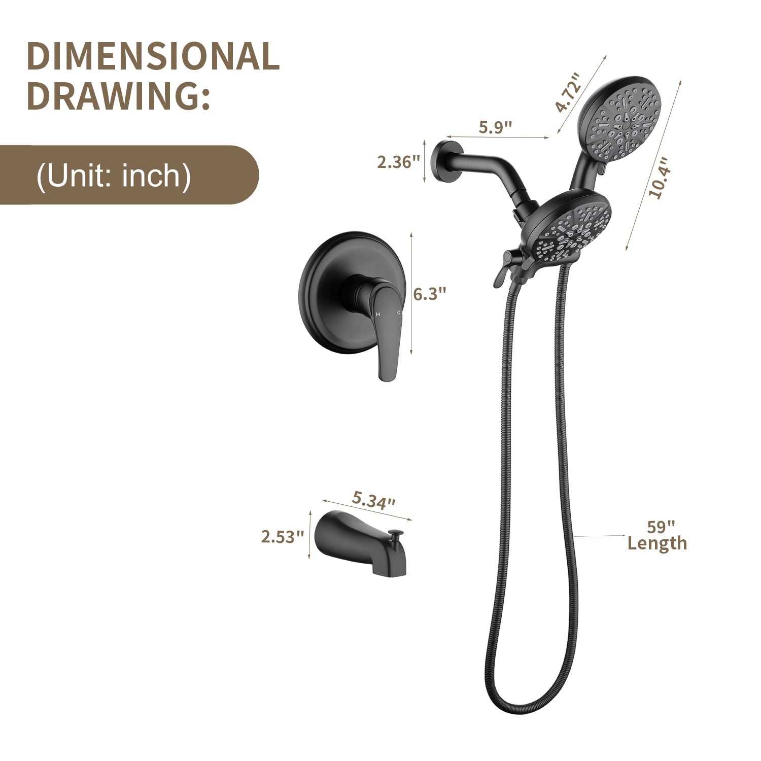 Grifo de Bañera y Ducha de Mano de 1 Mango en Negro Mate de 4.72 Pulgadas de WELLFOR con Válvula WA15016NS01