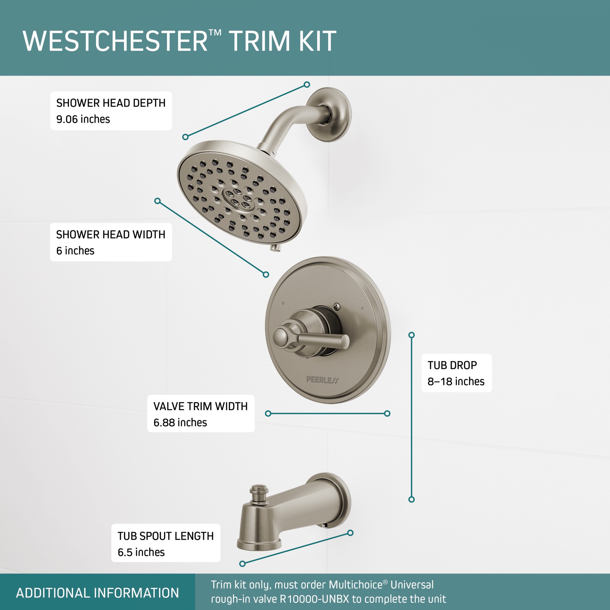 Producto: Mezcladora para Bañera y Ducha redonda de 6.0 pulgadas con acabado en níquel cepillado de una sola manija de la colección Peerless Westchester (PTT14423-BN)
