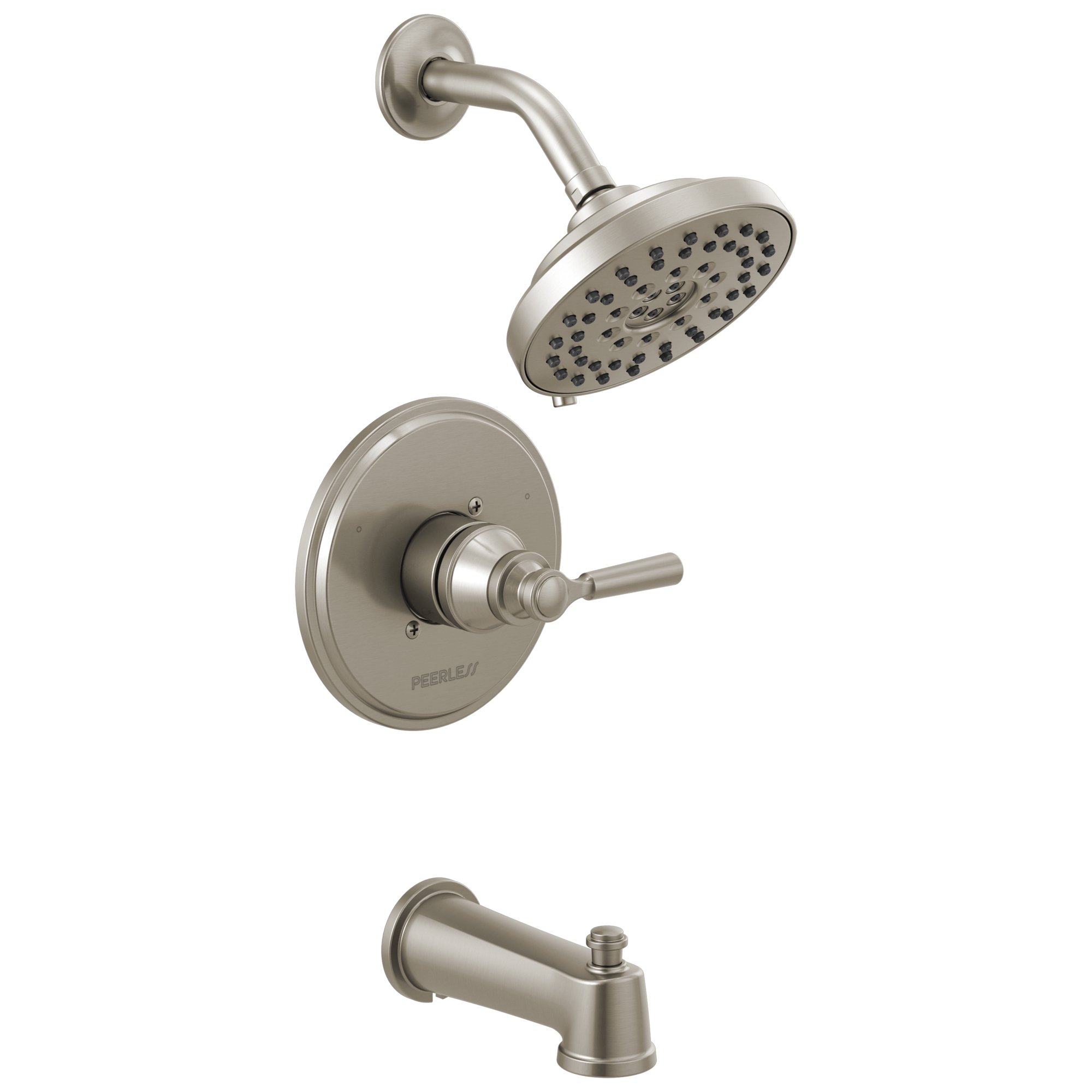 Producto: Mezcladora para Bañera y Ducha redonda de 6.0 pulgadas con acabado en níquel cepillado de una sola manija de la colección Peerless Westchester (PTT14423-BN)