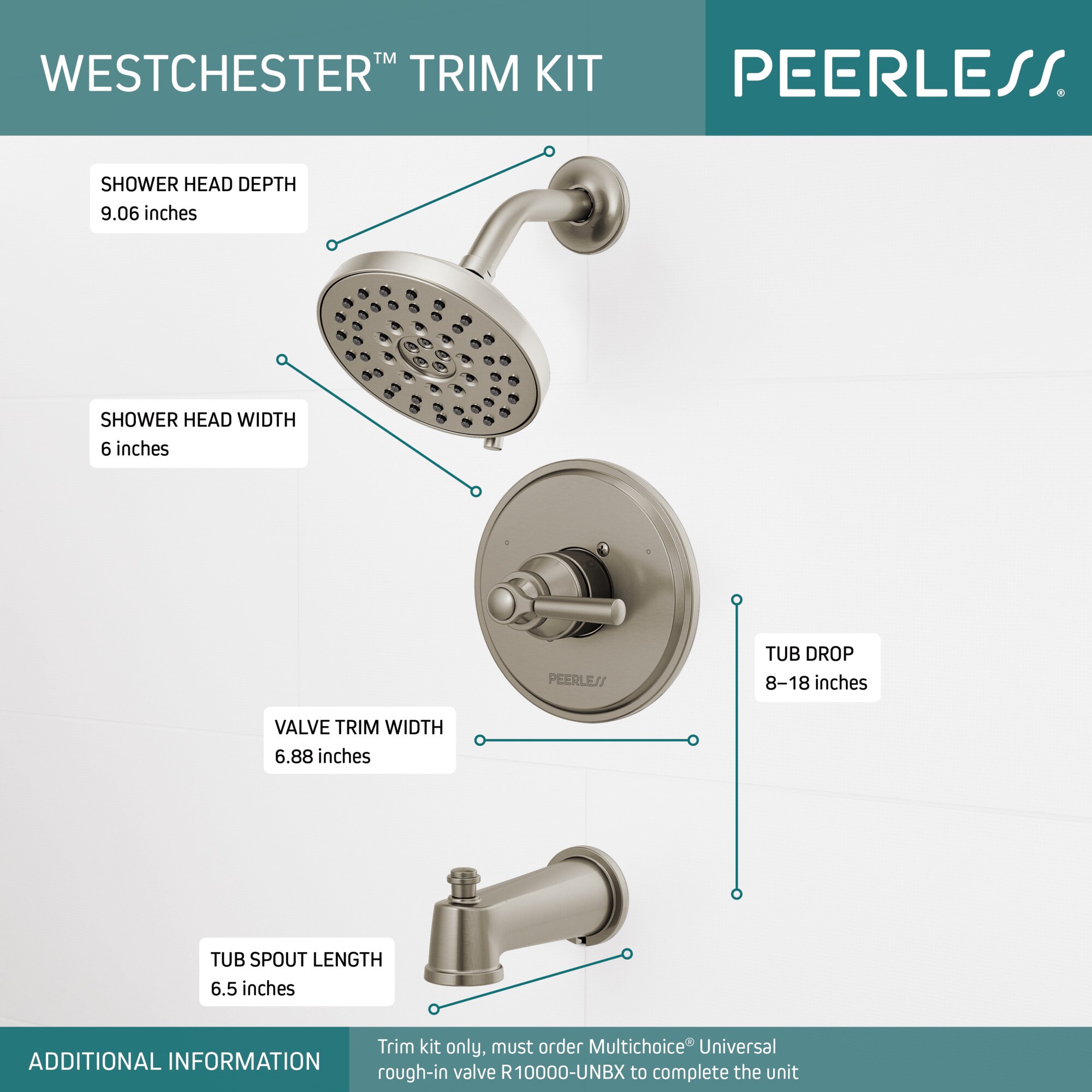 Producto: Mezcladora para Bañera y Ducha redonda de 6.0 pulgadas con acabado en níquel cepillado de una sola manija de la colección Peerless Westchester (PTT14423-BN)