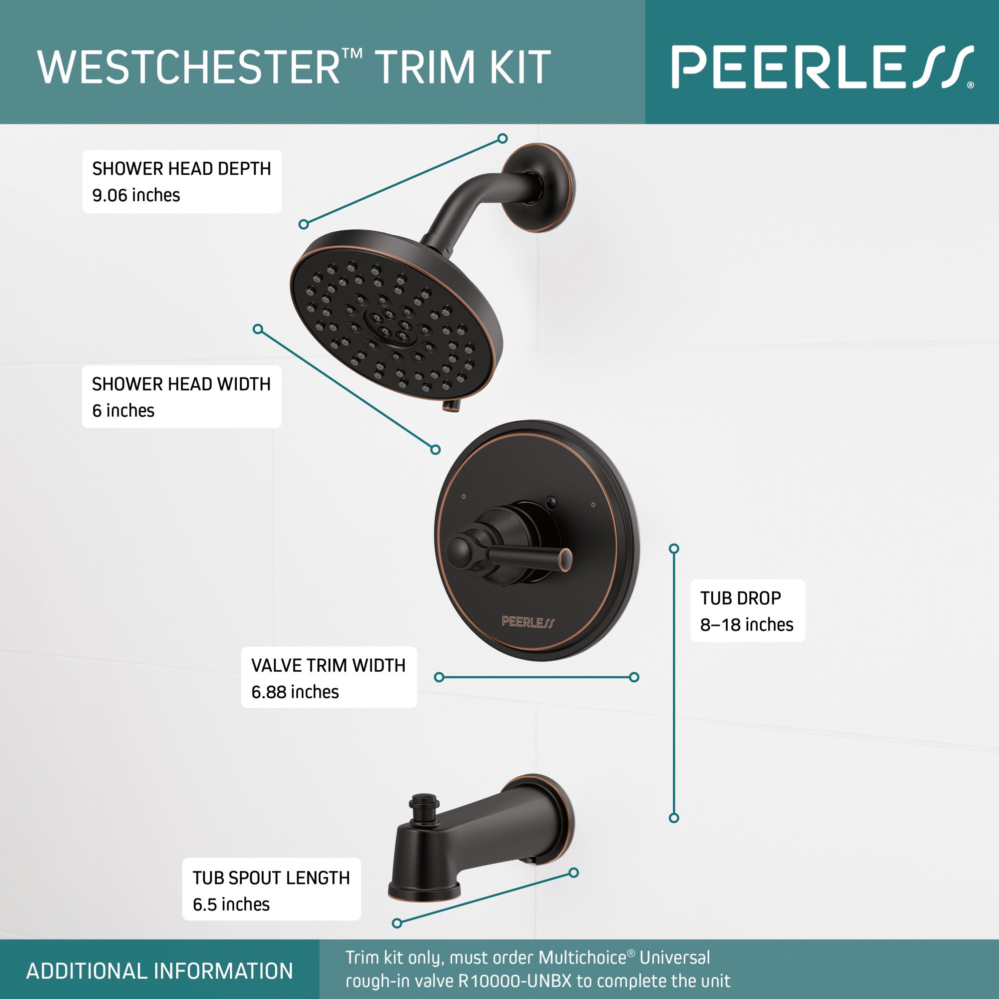 Mezcladora de bañera y ducha redonda de 6.0 pulgadas de función múltiple con un asa, en bronce aceitado, Peerless Westchester PTT14423-OB