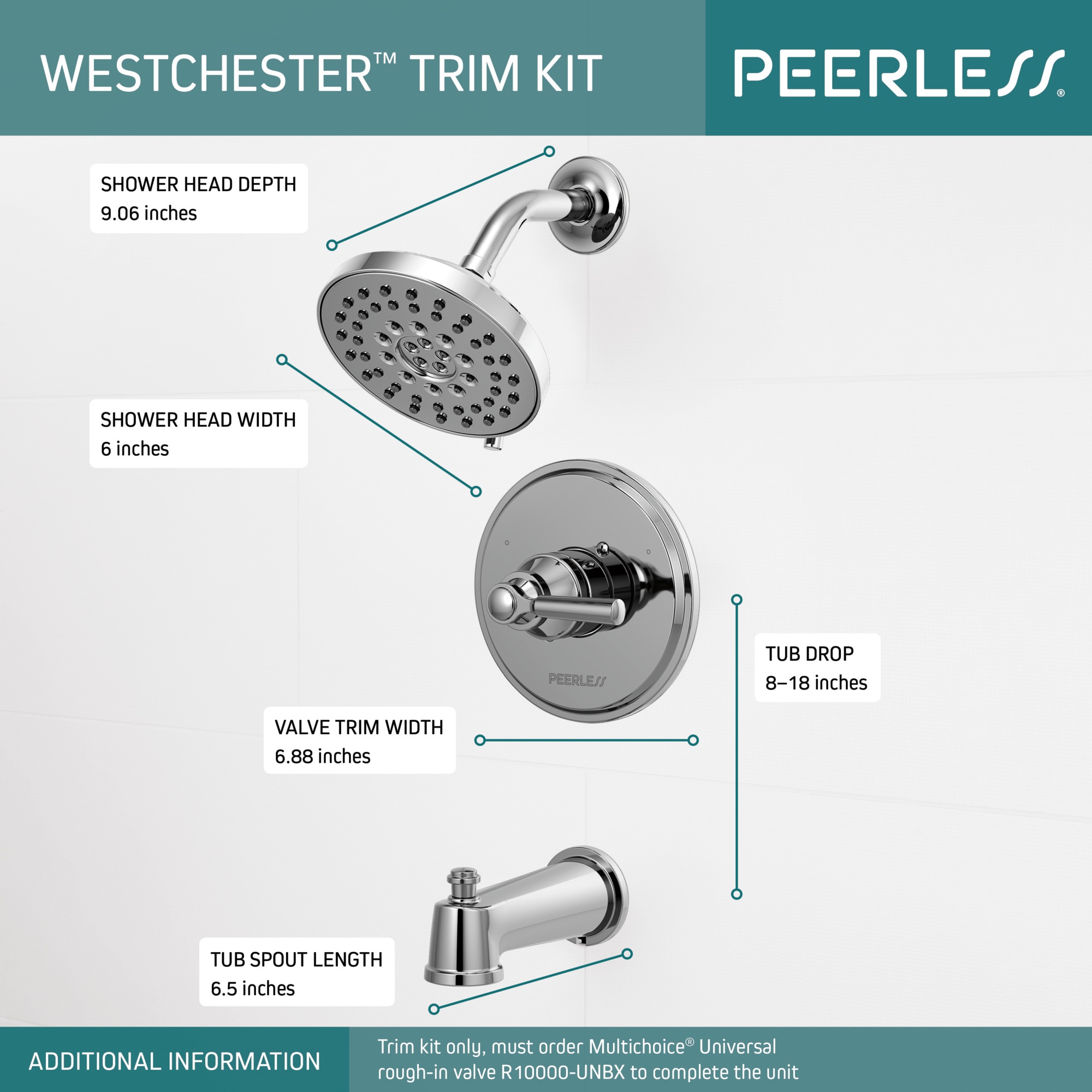 Mezcladora de Bañera y Regadera Redonda de 6.0 Pulgadas de Cromo con un Mango de la Marca Peerless Westchester