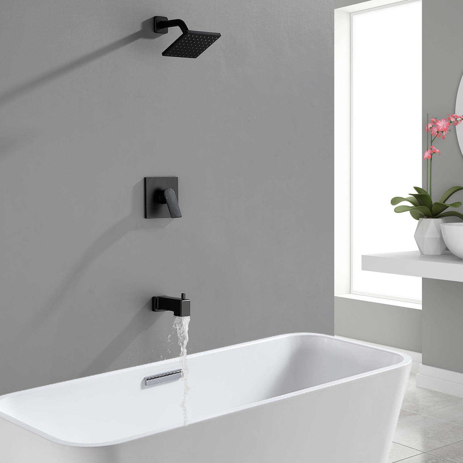 Mezcladora y regadera para bañera cuadrada de 6 pulgadas, negro mate de un mango y función única de WELLFOR con válvula WN0722.