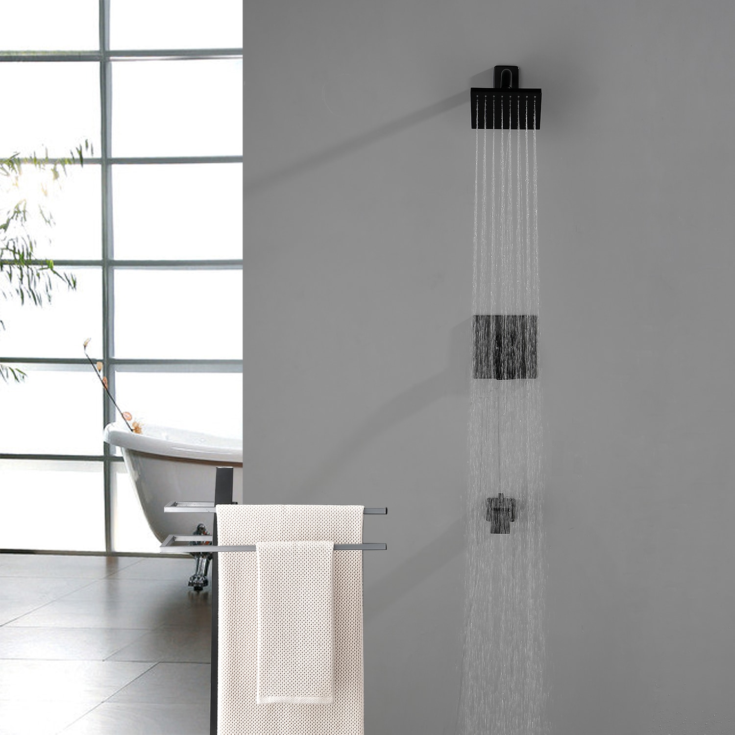 Mezcladora y regadera para bañera cuadrada de 6 pulgadas, negro mate de un mango y función única de WELLFOR con válvula WN0722.