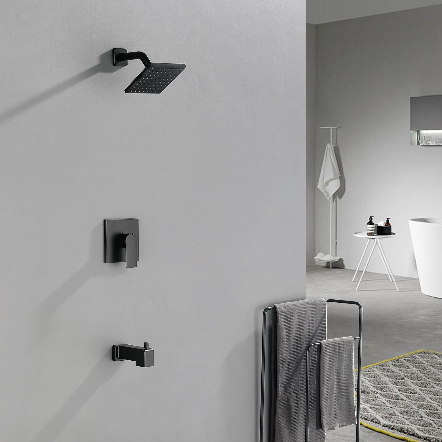 Mezcladora y regadera para bañera cuadrada de 6 pulgadas, negro mate de un mango y función única de WELLFOR con válvula WN0722.
