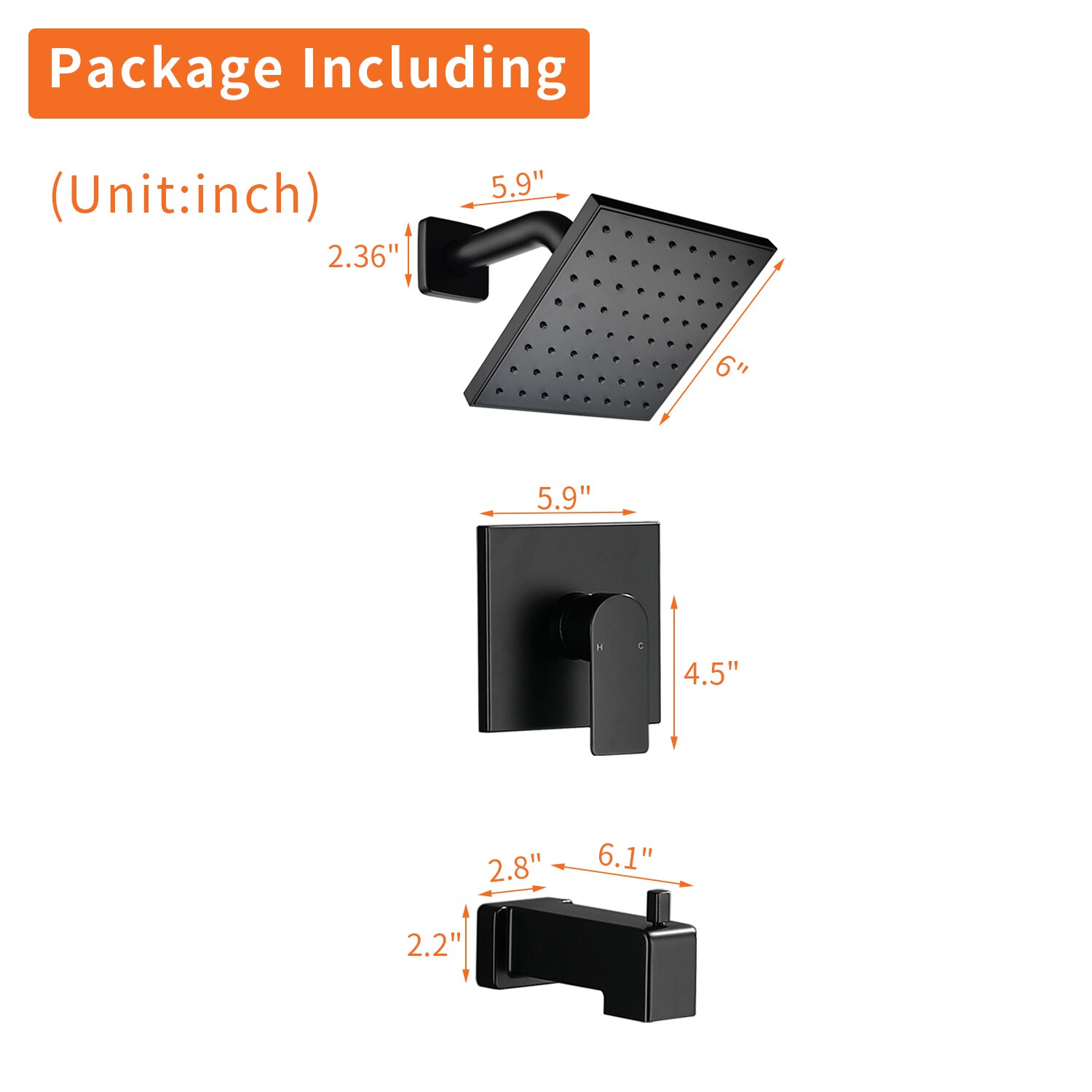 Mezcladora y regadera para bañera cuadrada de 6 pulgadas, negro mate de un mango y función única de WELLFOR con válvula WN0722.