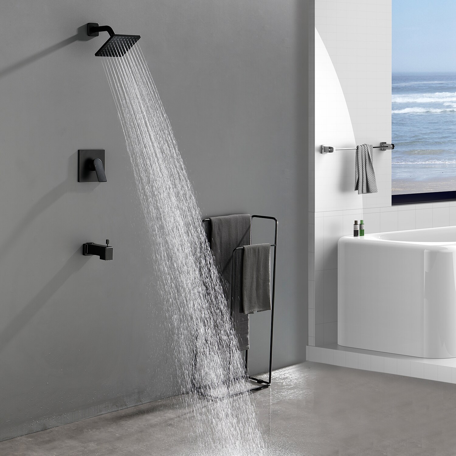 Mezcladora y regadera para bañera cuadrada de 6 pulgadas, negro mate de un mango y función única de WELLFOR con válvula WN0722.