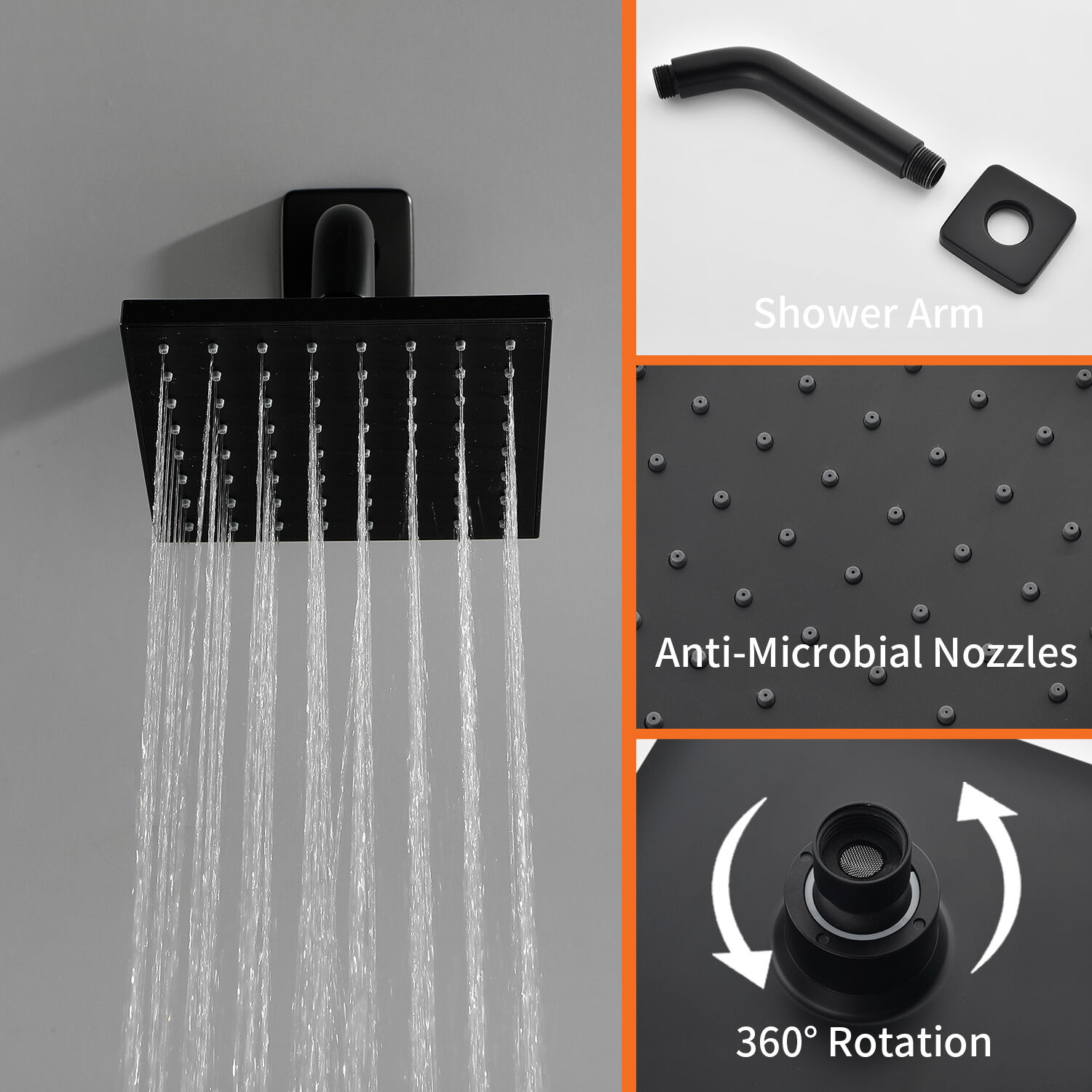 Mezcladora y regadera para bañera cuadrada de 6 pulgadas, negro mate de un mango y función única de WELLFOR con válvula WN0722.