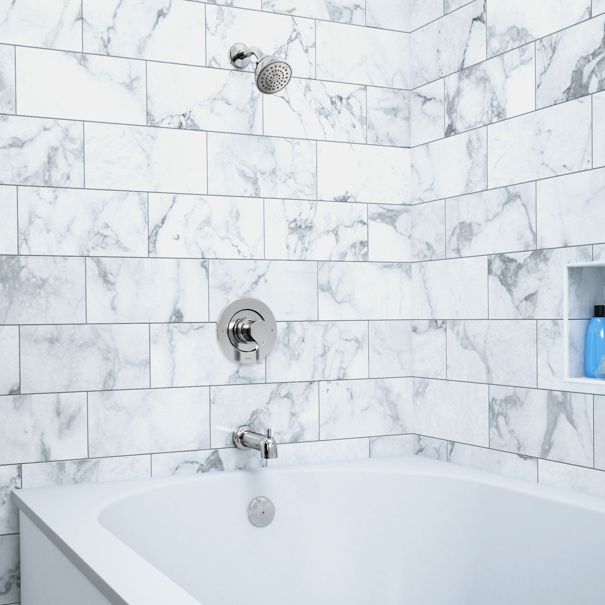 Regadera y llave para bañera redonda de 3.75 pulgadas con un solo mango y función única en cromo Moen Vichy T2663EP.