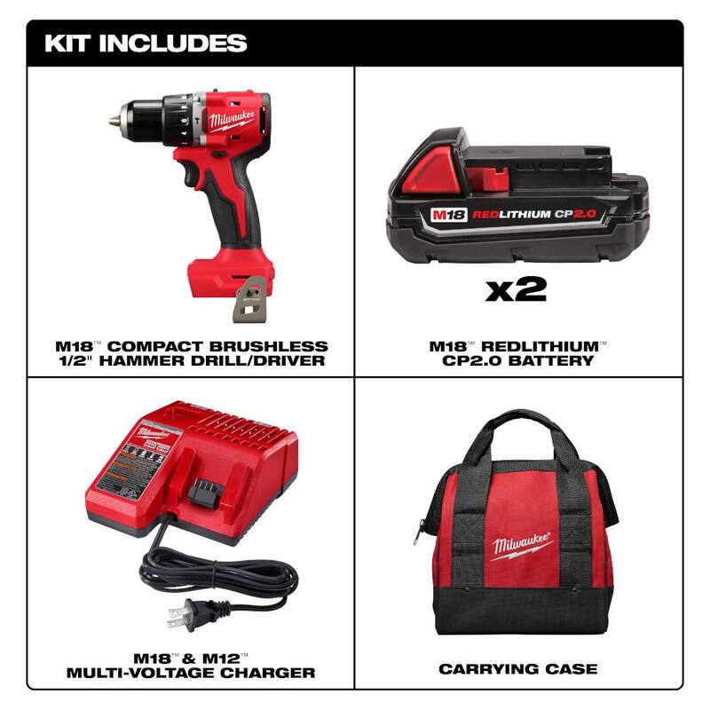 Milwaukee M18 Taladro/destornillador compacto inalámbrico 1/2 pulgadas con motor sin escobillas de 18V de iones de litio y kit con 2 baterías, cargador y estuche - 3602-22CT.