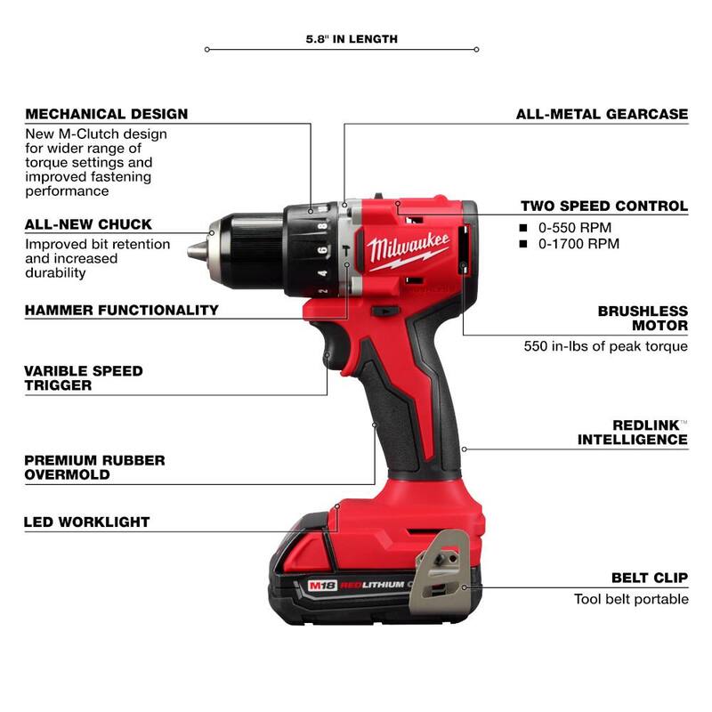 Milwaukee M18 Taladro/destornillador compacto inalámbrico 1/2 pulgadas con motor sin escobillas de 18V de iones de litio y kit con 2 baterías, cargador y estuche - 3602-22CT.
