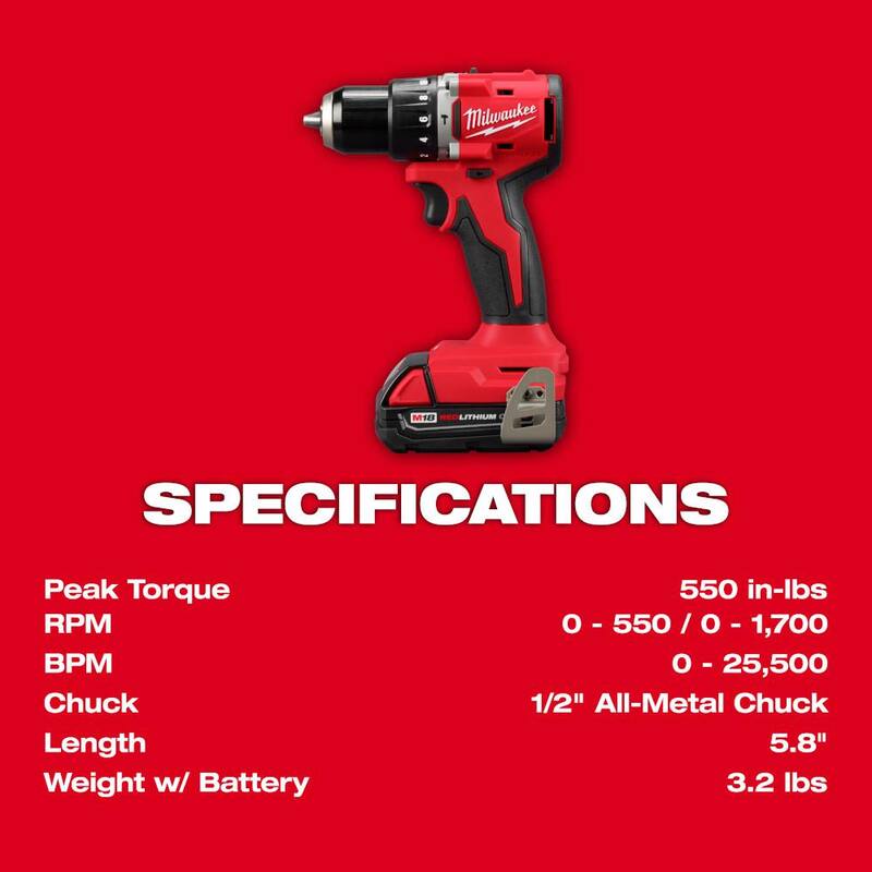 Milwaukee M18 Taladro/destornillador compacto inalámbrico 1/2 pulgadas con motor sin escobillas de 18V de iones de litio y kit con 2 baterías, cargador y estuche - 3602-22CT.