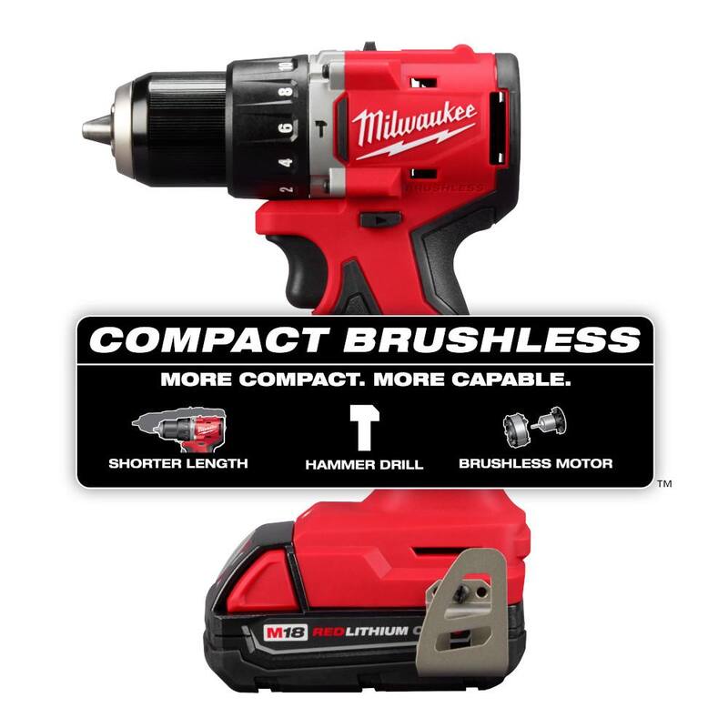 Milwaukee M18 Taladro/destornillador compacto inalámbrico 1/2 pulgadas con motor sin escobillas de 18V de iones de litio y kit con 2 baterías, cargador y estuche - 3602-22CT.