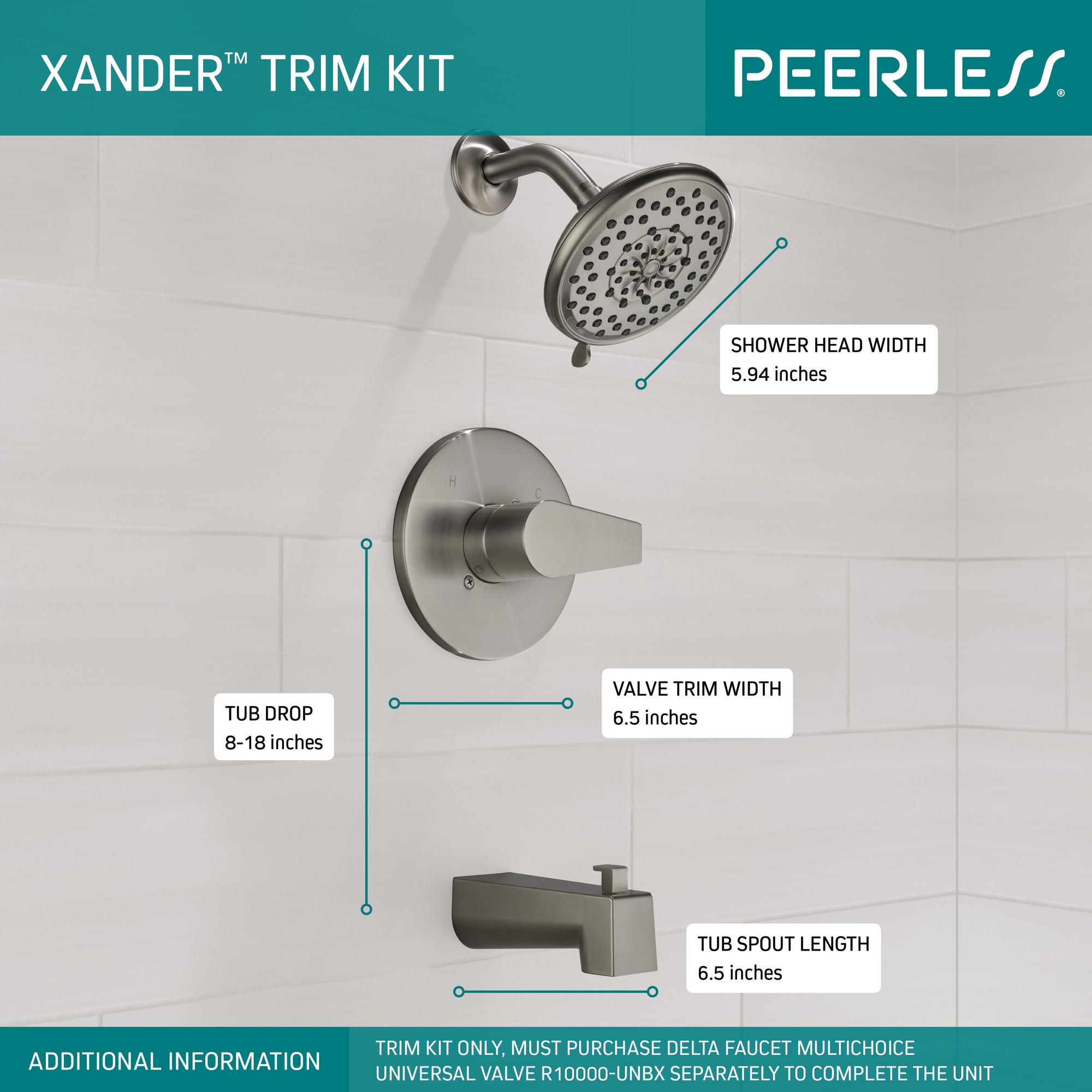 Mezcladora para bañera y regadera redonda de 5.31 pulgadas con acabado de níquel cepillado y una sola manija de función múltiple - Peerless Xander PTT14419-BN