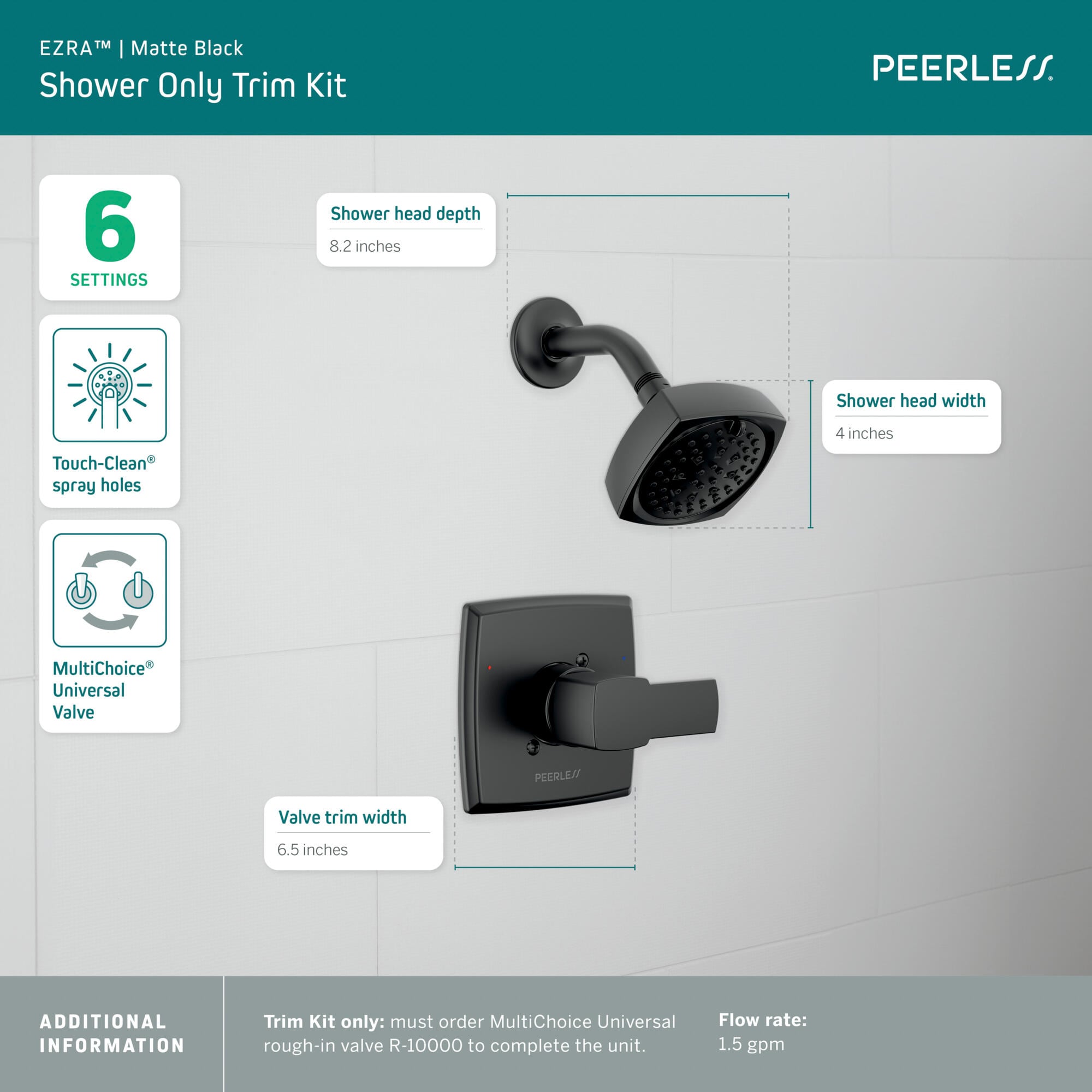 Grifería para bañera y regadera de 1 manija en negro mate Ezra Peerless, cuadrada de 4 pulgadas, multifunción PTT14271-BL