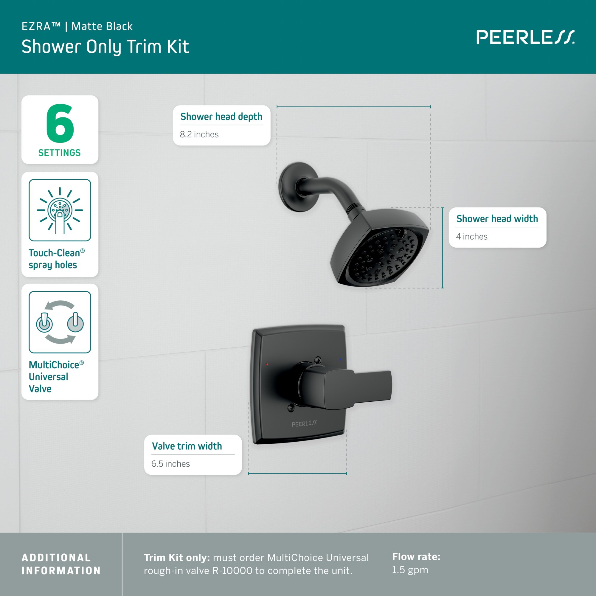 Grifería para bañera y regadera de 1 manija en negro mate Ezra Peerless, cuadrada de 4 pulgadas, multifunción PTT14271-BL