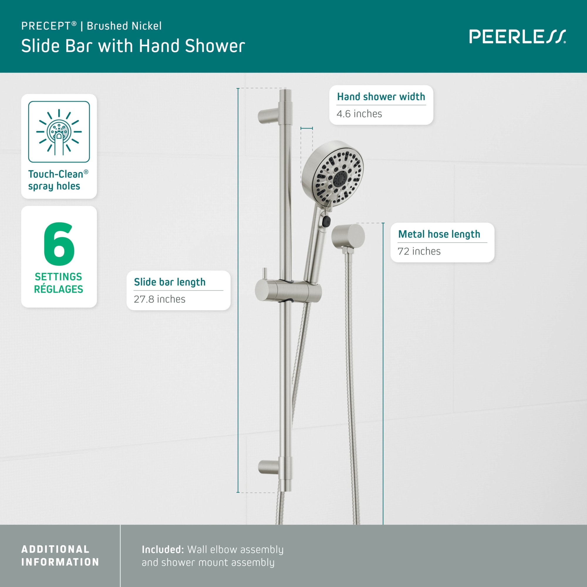 Mezcladora para bañera y regadera redonda de 4.562 pulgadas, multifuunción, estilo niquel cepillado, de la marca Peerless Precept, se vende por separado, con válvula incluida P62447-BN.