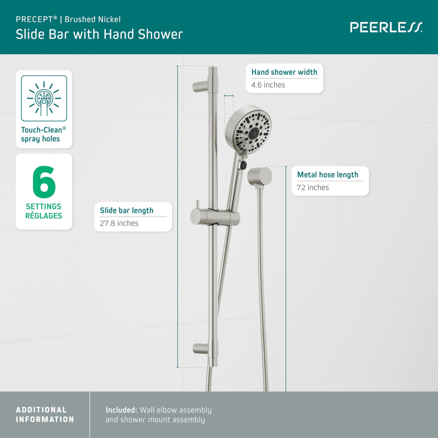Mezcladora para bañera y regadera redonda de 4.562 pulgadas, multifuunción, estilo niquel cepillado, de la marca Peerless Precept, se vende por separado, con válvula incluida P62447-BN.