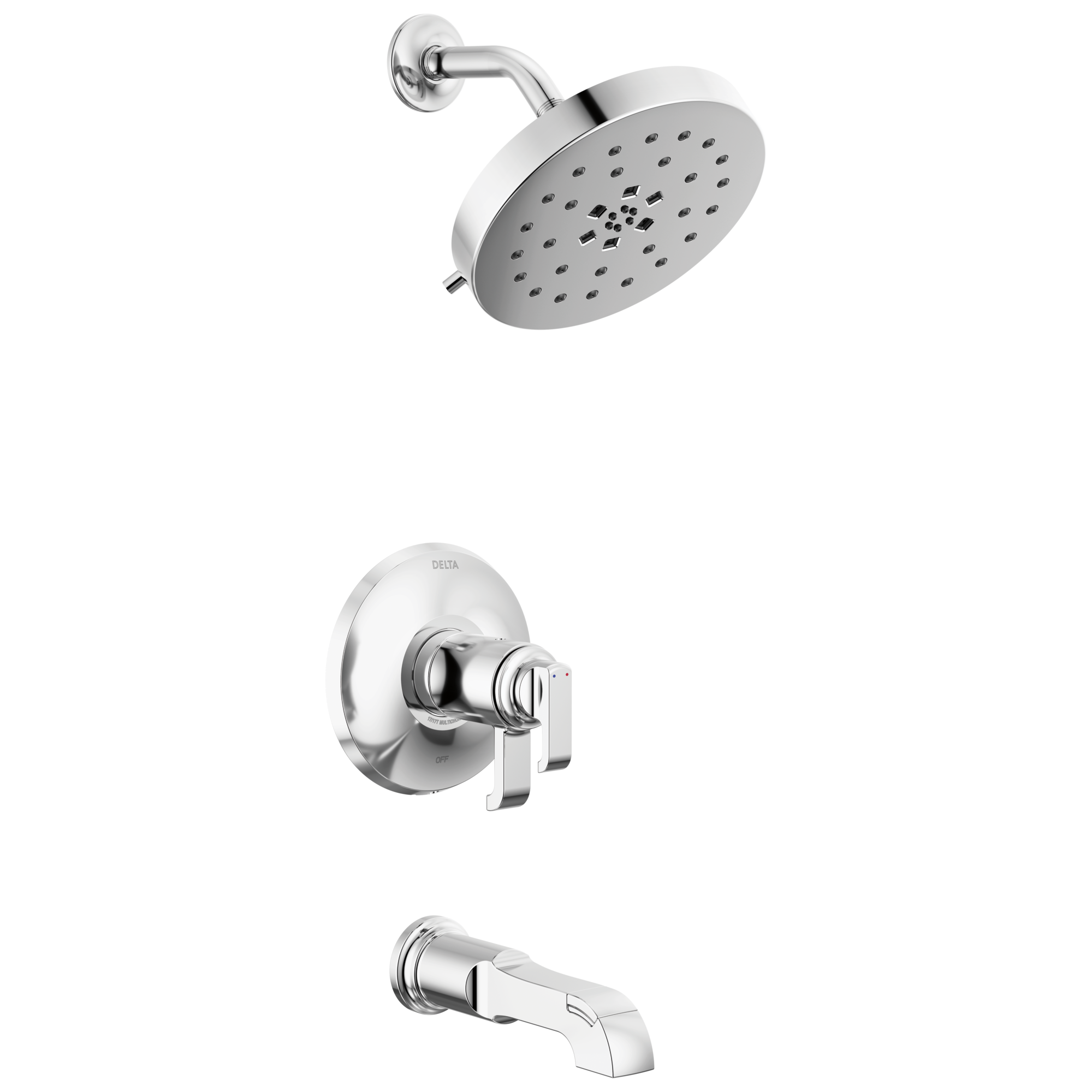 Grifería de bañera y regadera redonda de 8 pulgadas con chrome lumicoat de dos manijas y funciones múltiples de Delta Tetra.