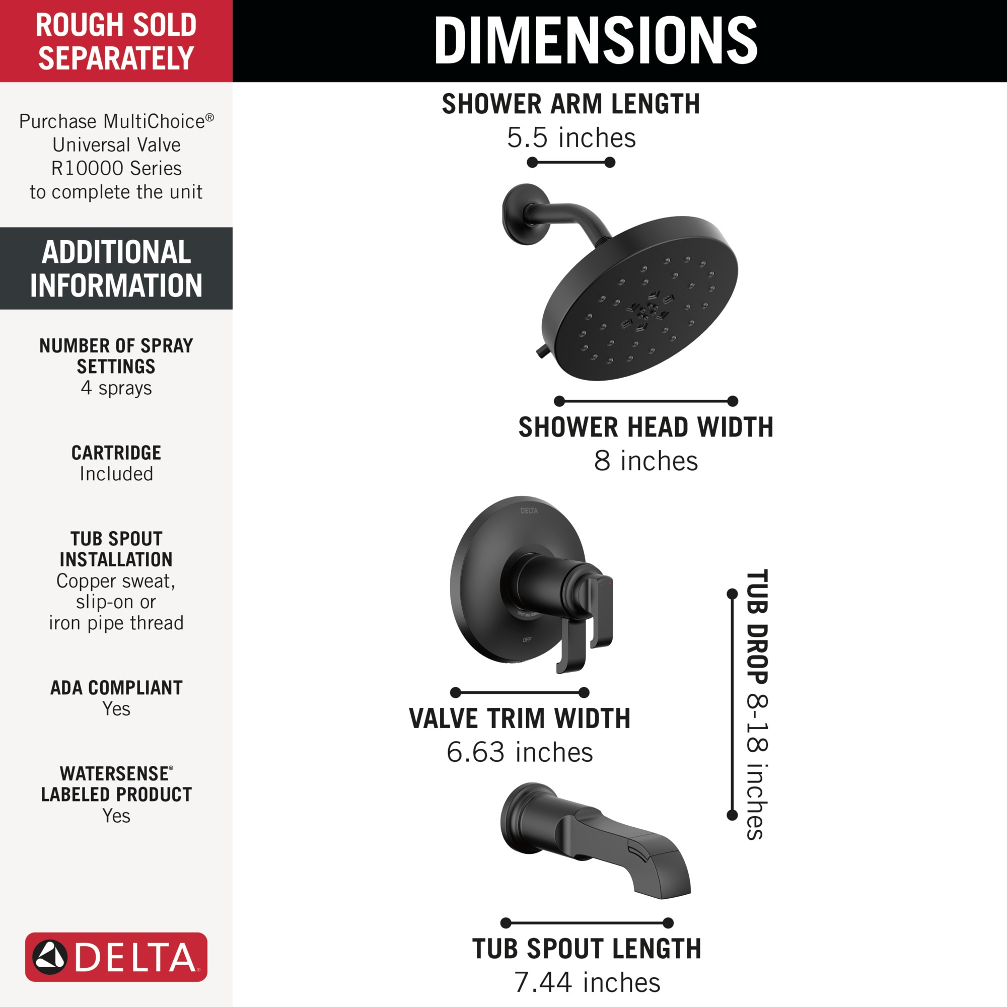 Llave Mezcladora de Bañera y Ducha Redonda de 8 Pulgadas en Negro Mate de 2 Manijas con Funciones Múltiples Delta Tetra T17T489-BL.