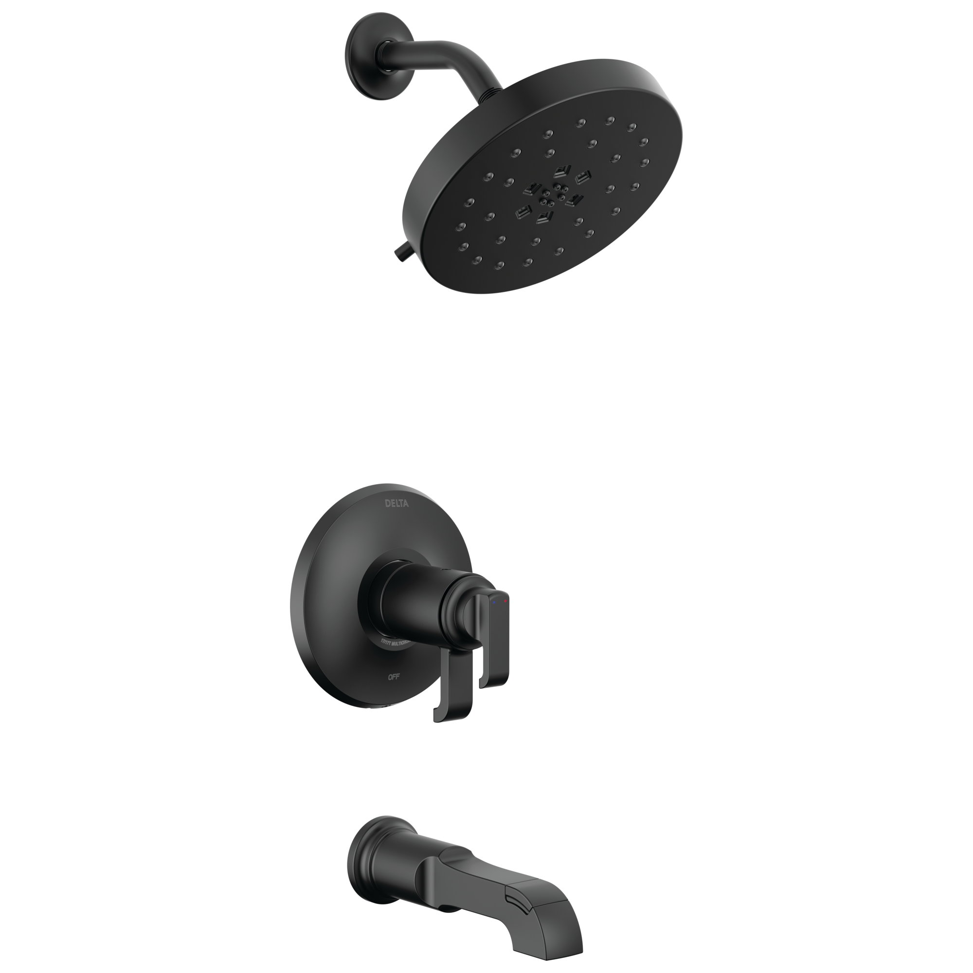 Llave Mezcladora de Bañera y Ducha Redonda de 8 Pulgadas en Negro Mate de 2 Manijas con Funciones Múltiples Delta Tetra T17T489-BL.
