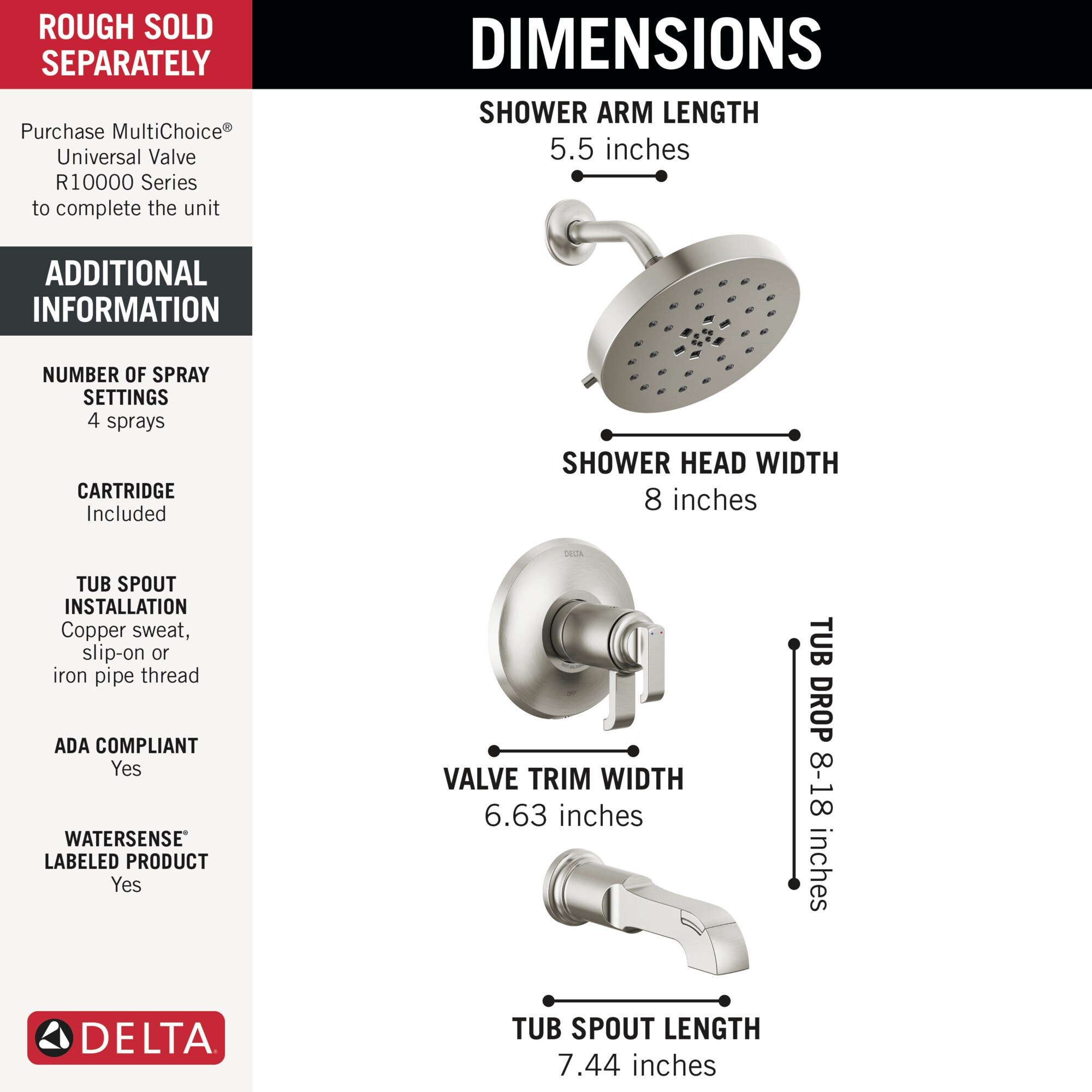 Grifo de bañera redonda y ducha de 8 pulgadas con dos mangos de acero inoxidable Delta Tetra Lumicoat Multi-función T17T489-SS-PR