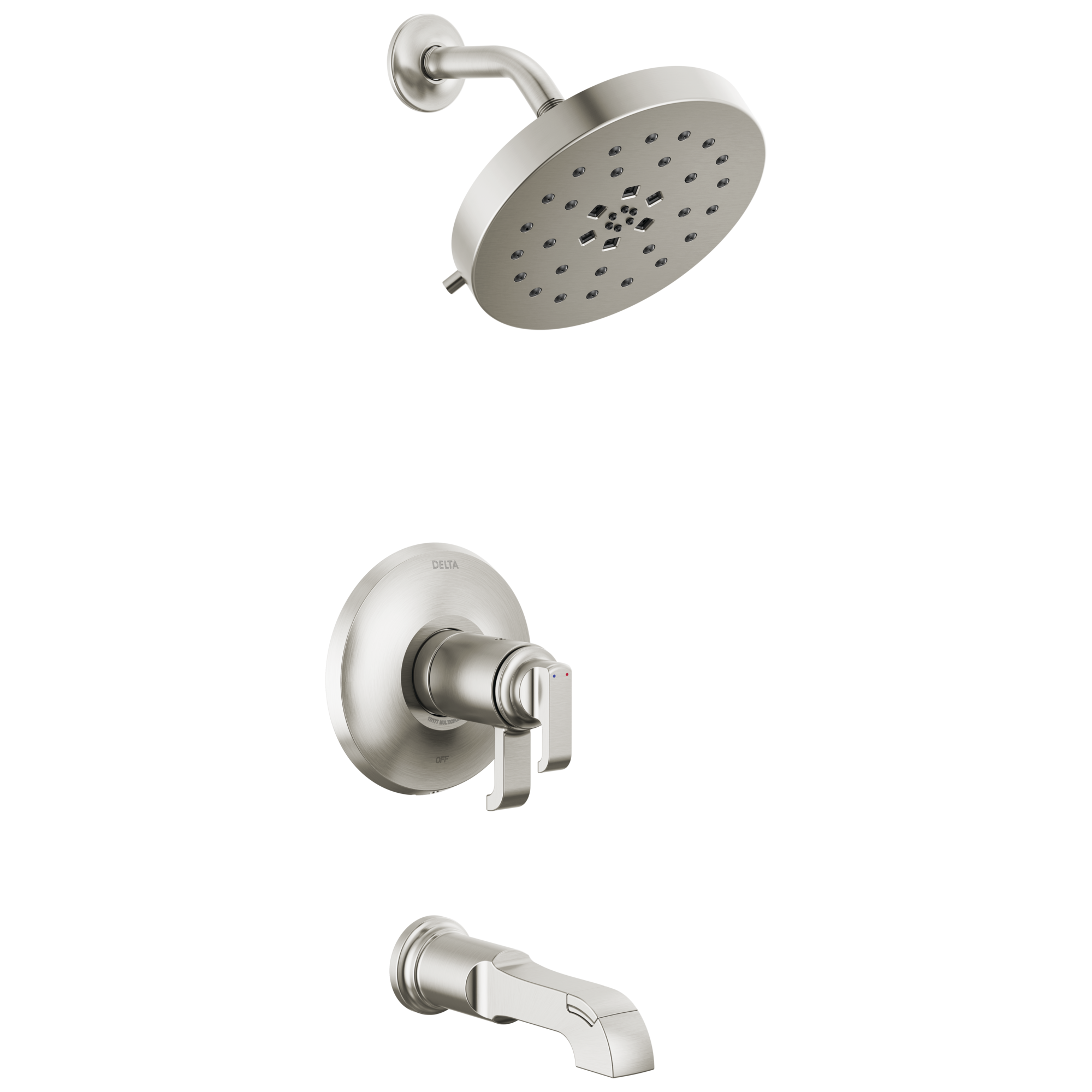Grifo de bañera redonda y ducha de 8 pulgadas con dos mangos de acero inoxidable Delta Tetra Lumicoat Multi-función T17T489-SS-PR