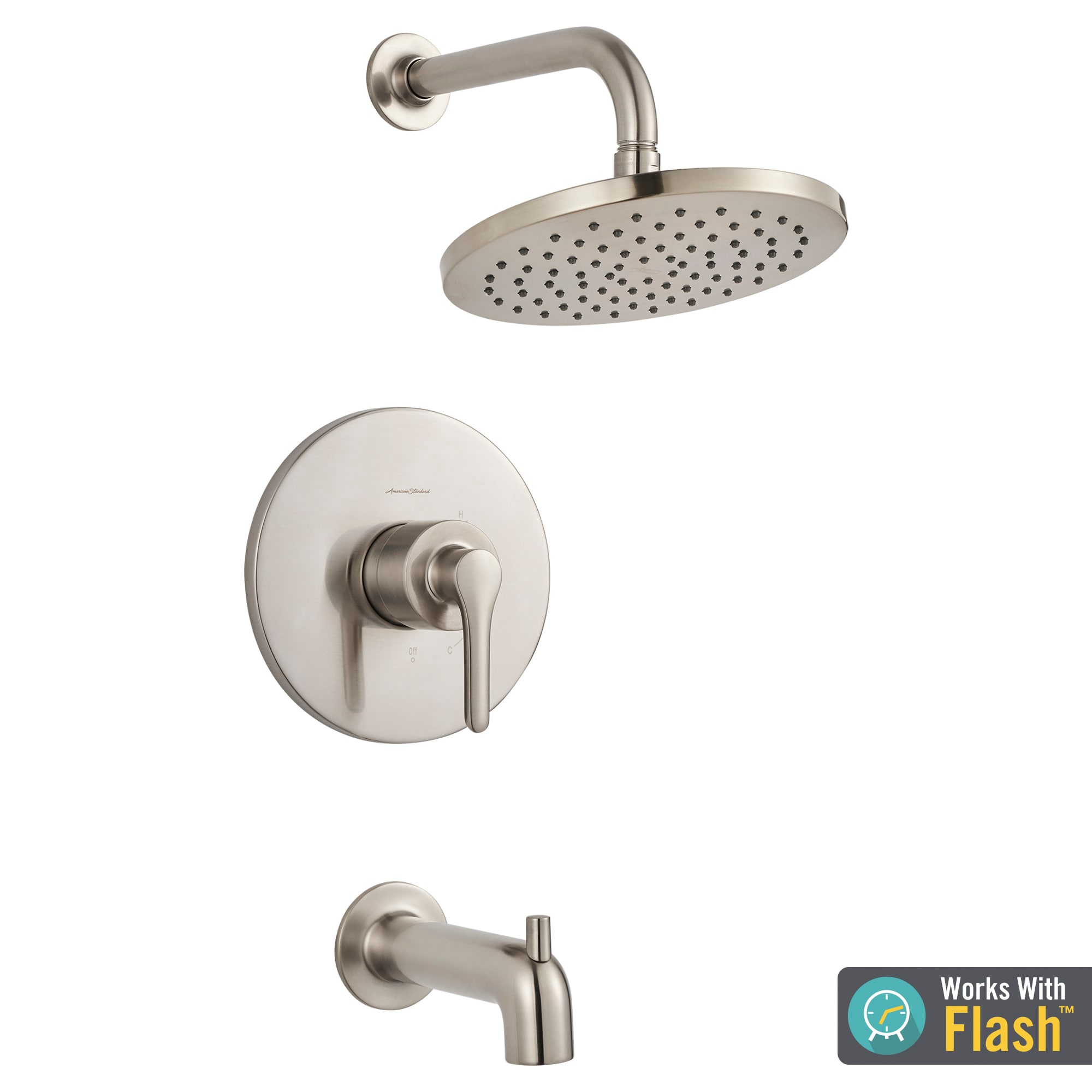 American Standard Studio S Níquel Cepillado Grifo de bañera y ducha de 1 mango y función única de 8 pulgadas de diámetro.