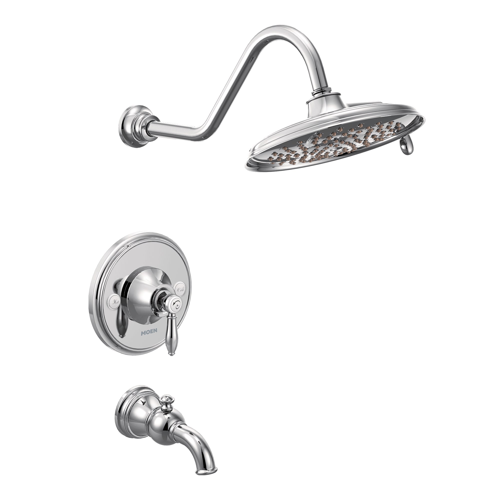 Grifo de bañera y regadera redondo de 9.0 pulgadas de cromo de un solo mango con función múltiple Weymouth de Moen TS32104