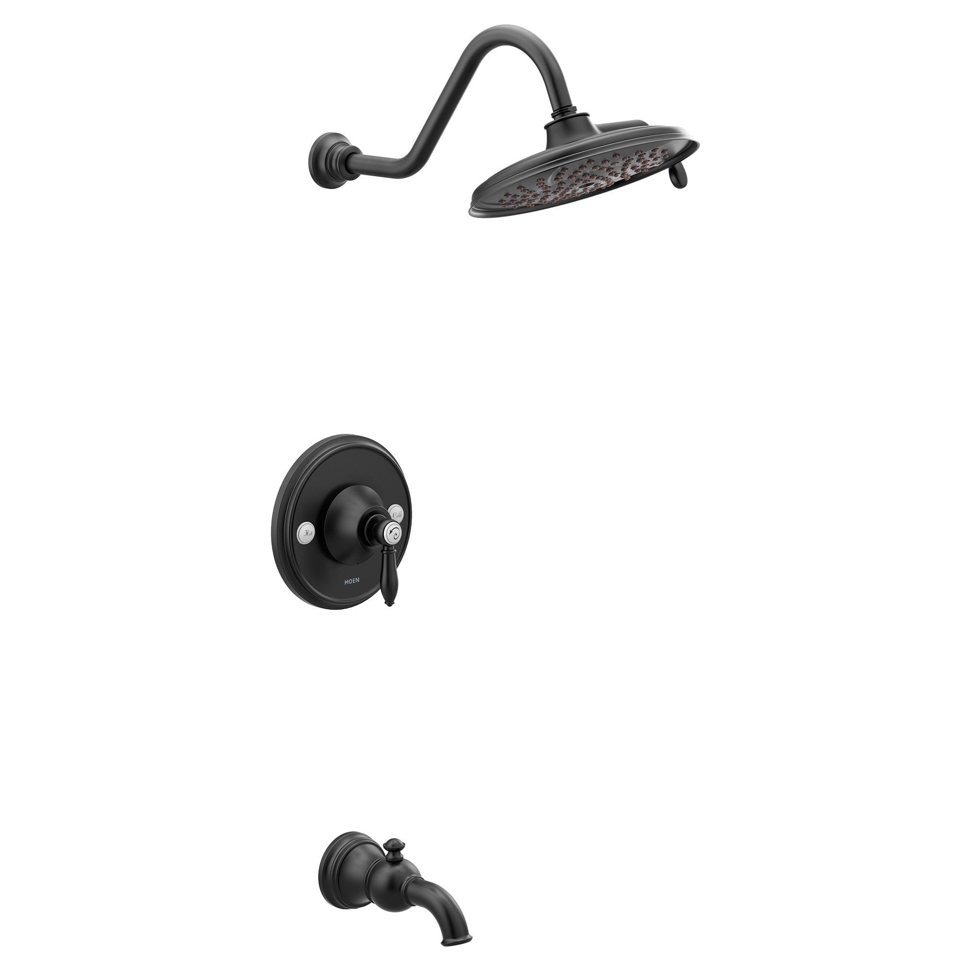 Grifo de bañera y ducha redondo de 9.19 pulgadas de función múltiple de un solo mango en negro mate Moen Weymouth TS32104BL