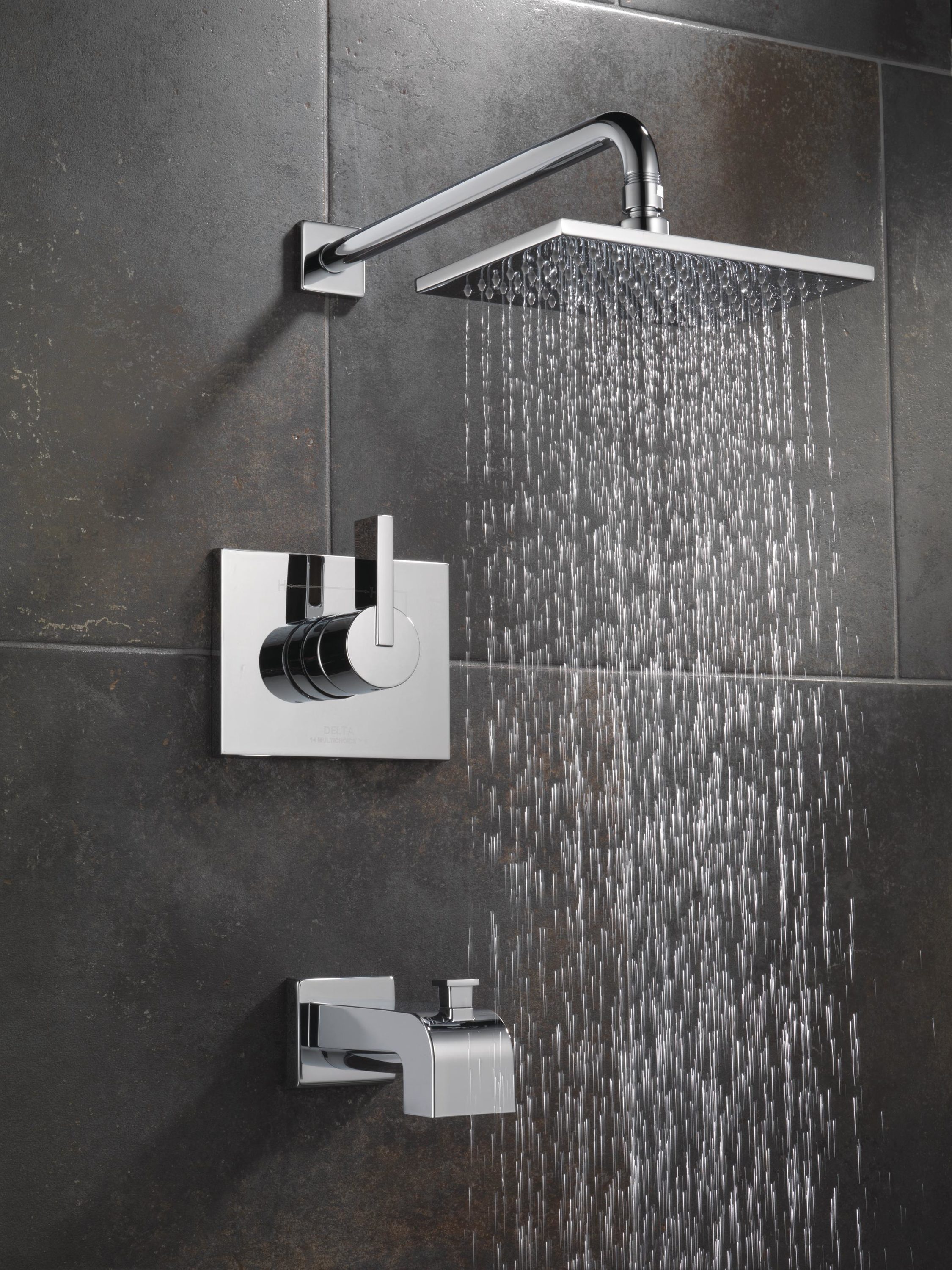 Grifo y regadera de bañera cuadrada de 5.7 pulgadas de función única con 1 manija en cromo Delta Vero T14453-WE