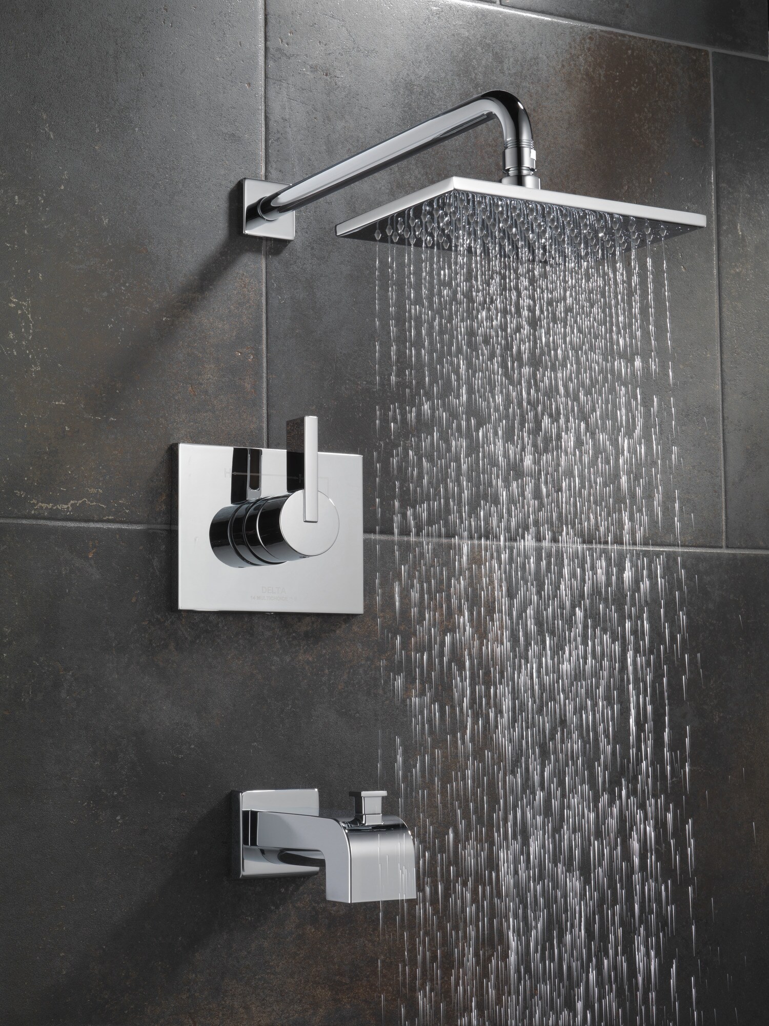 Grifo y regadera de bañera cuadrada de 5.7 pulgadas de función única con 1 manija en cromo Delta Vero T14453-WE