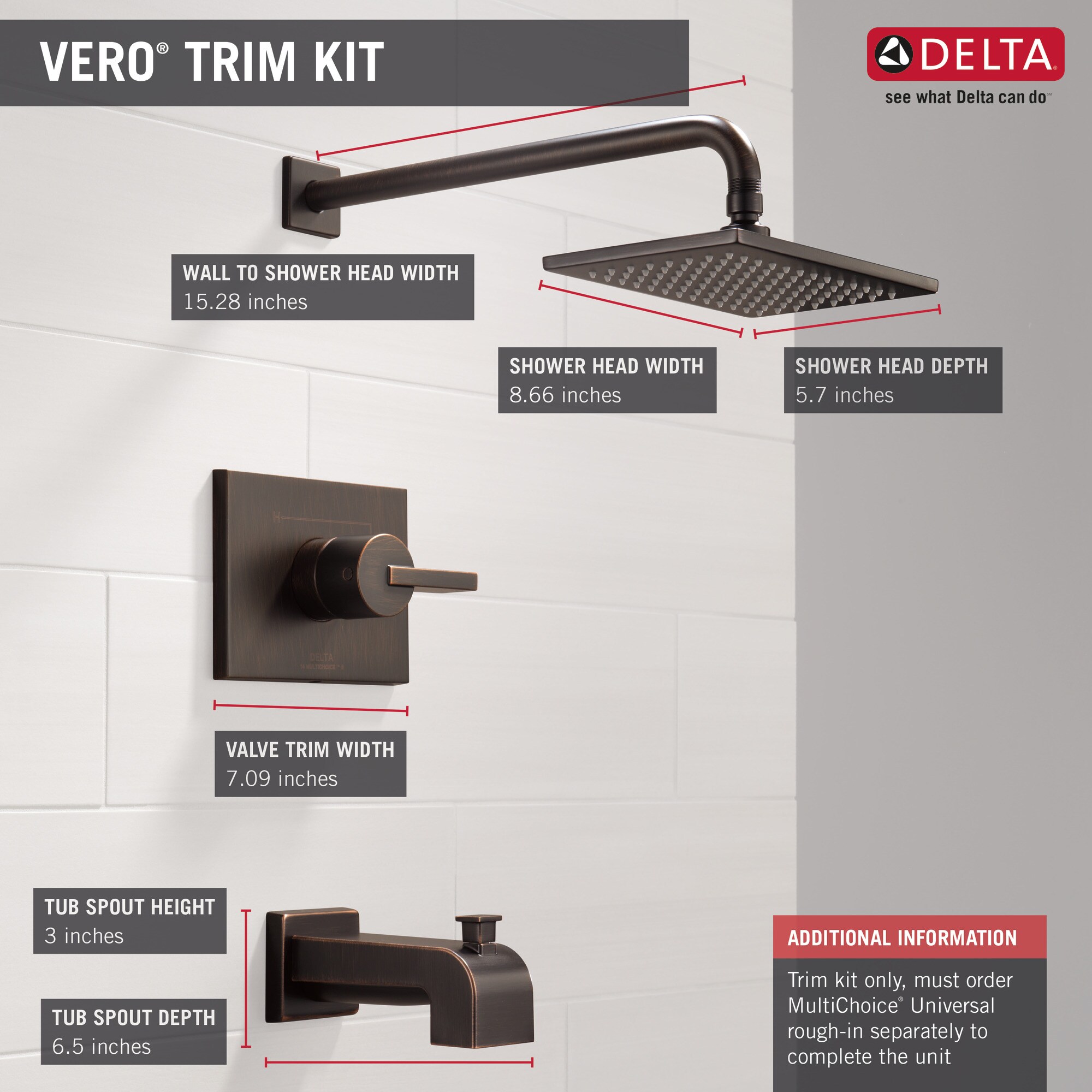 Grifo monomando de bañera y ducha cuadrado de 5.7000 pulgadas en bronce veneciano Delta Vero con válvula T14453-RB-WE.